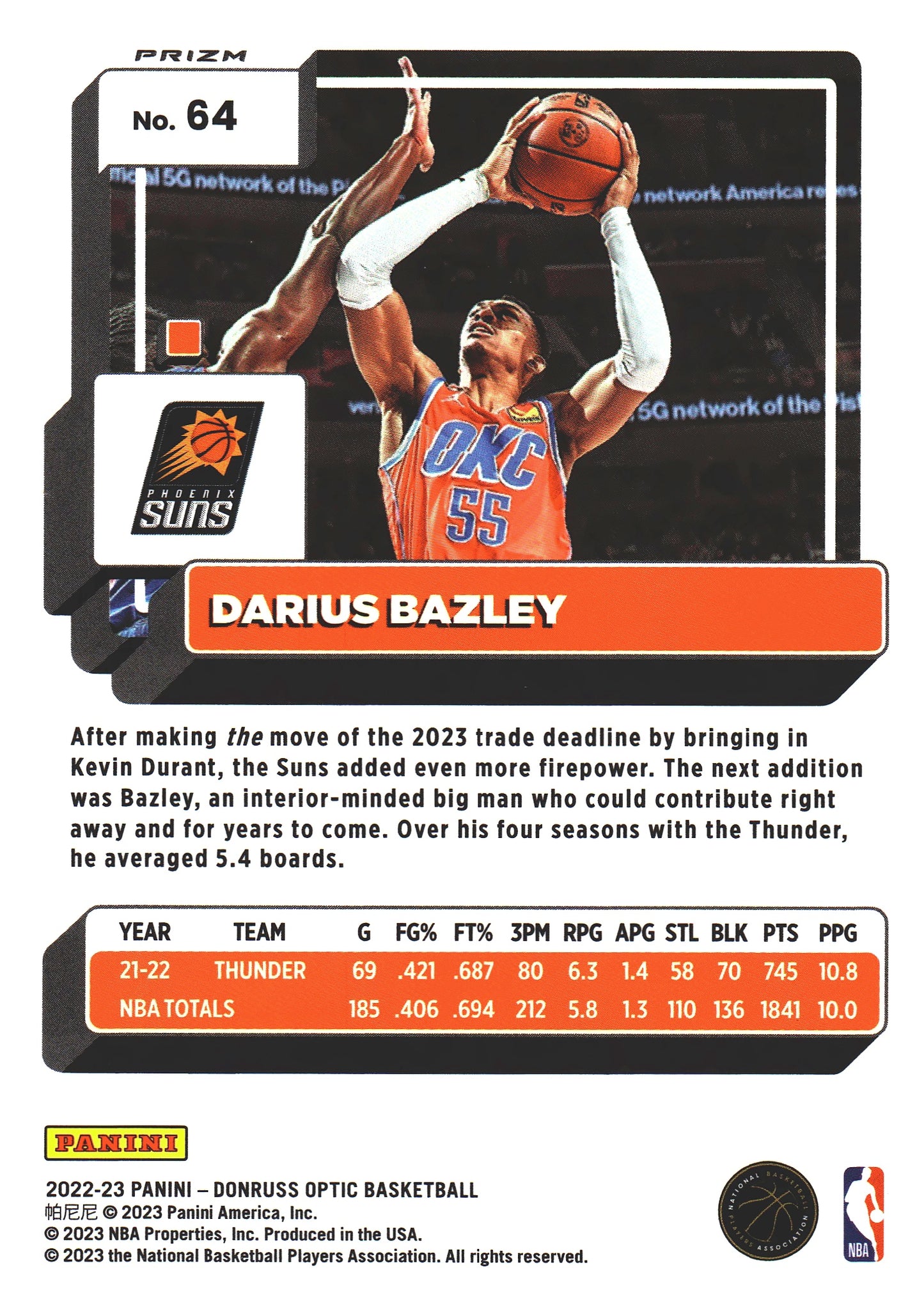 2022 Donruss Optic Darius Bazley Green Hyper #64 Oklahoma City Thunder