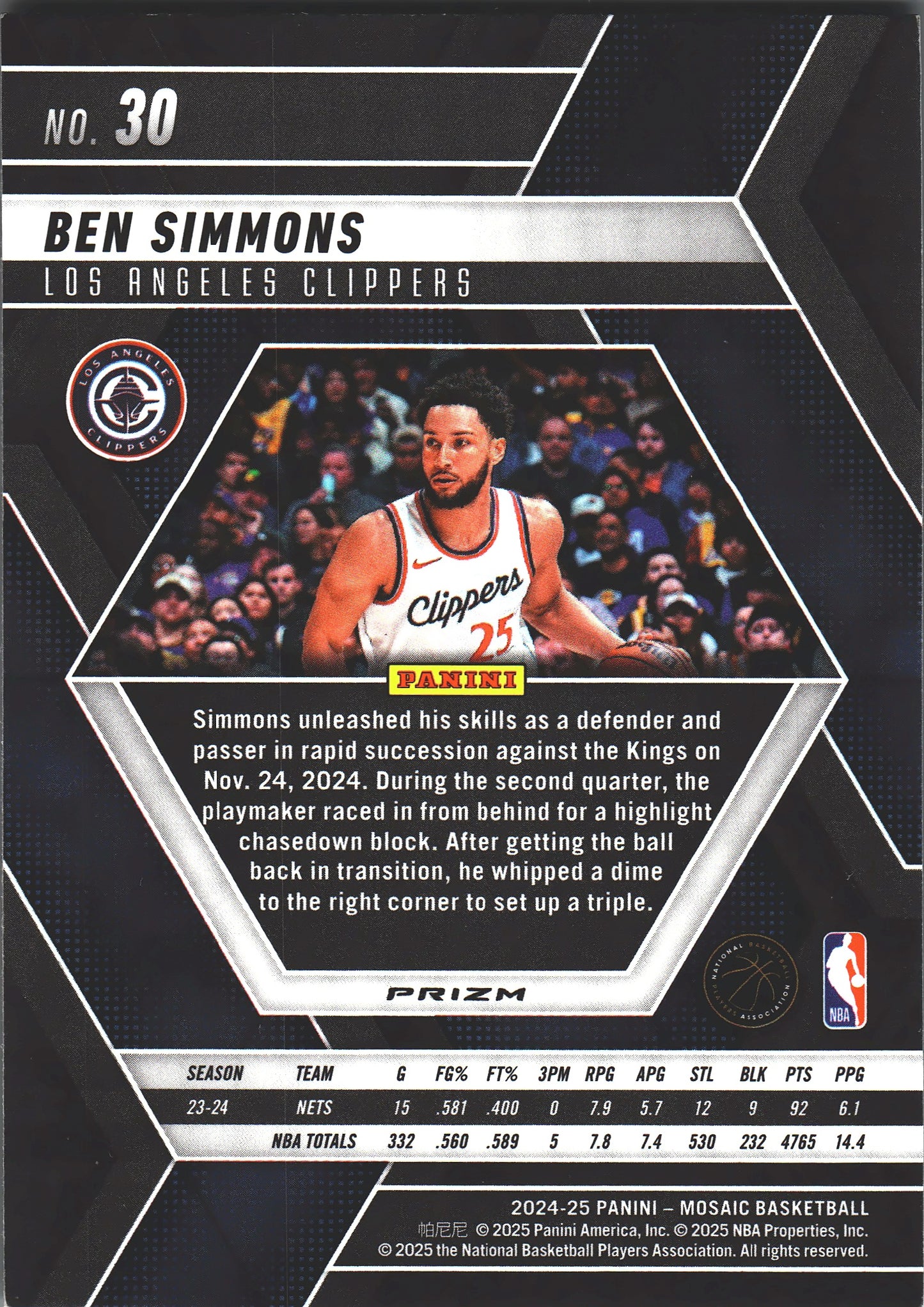 2024 Panini Mosaic Ben Simmons Silver #30 Los Angeles Clippers