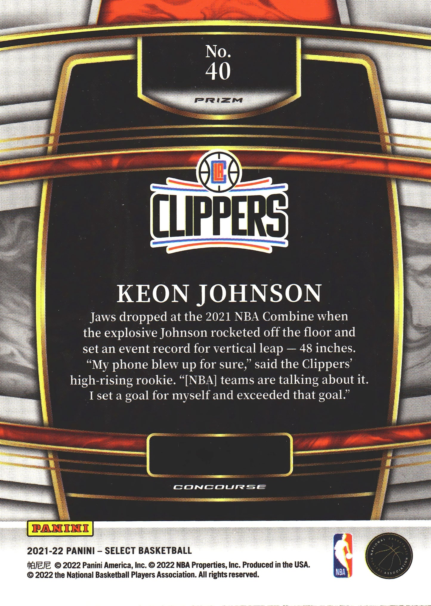 2021 Panini Select Keon Johnson RC Silver #40 Los Angeles Clippers