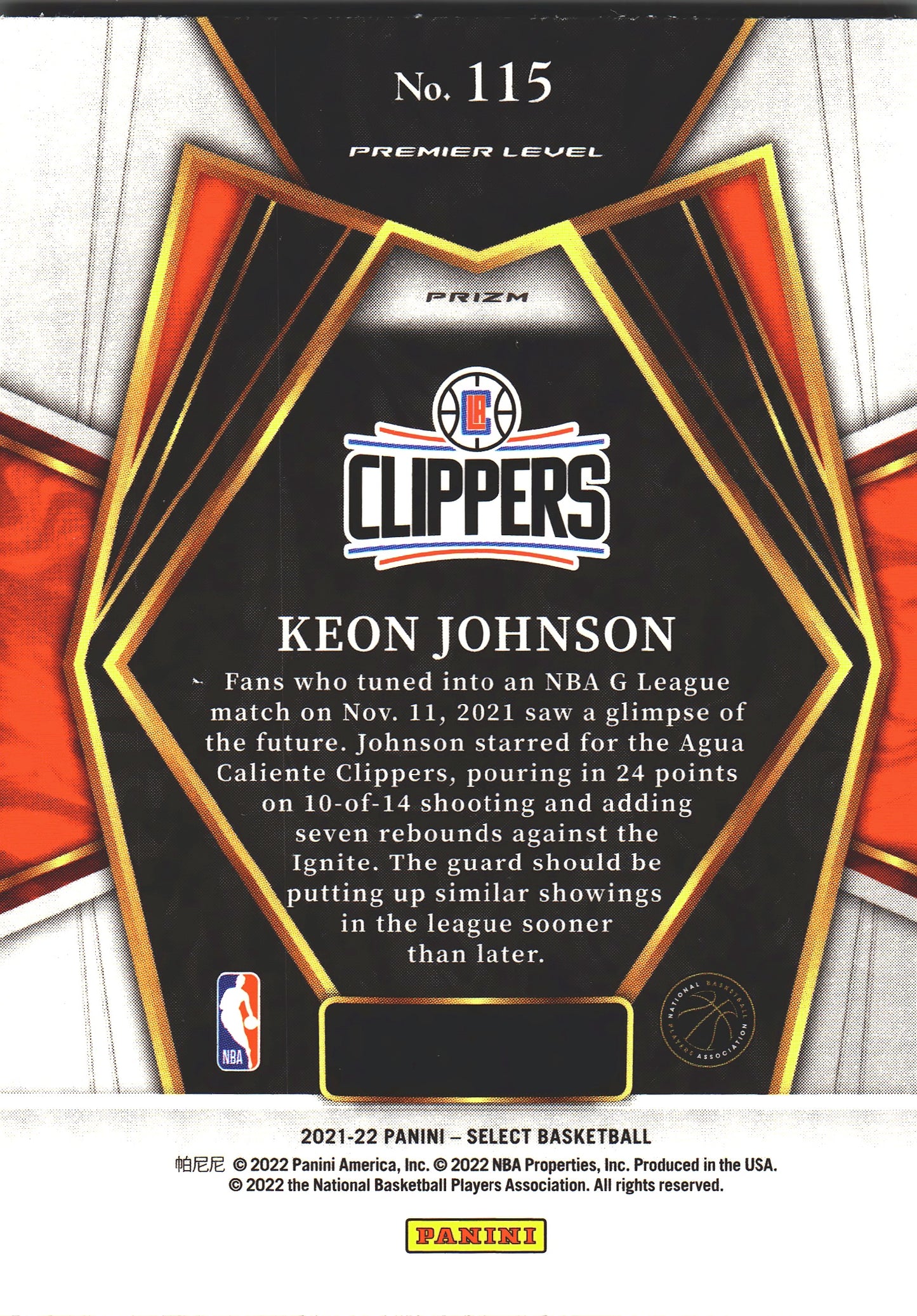 2021 Panini Select Keon Johnson RC Gold Wave #115 Los Angeles Clippers
