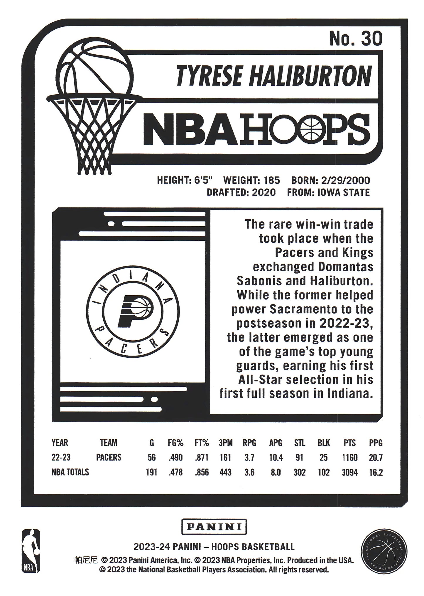 2023 Panini Hoops Winter Tyrese Haliburton #30 Indiana Pacers