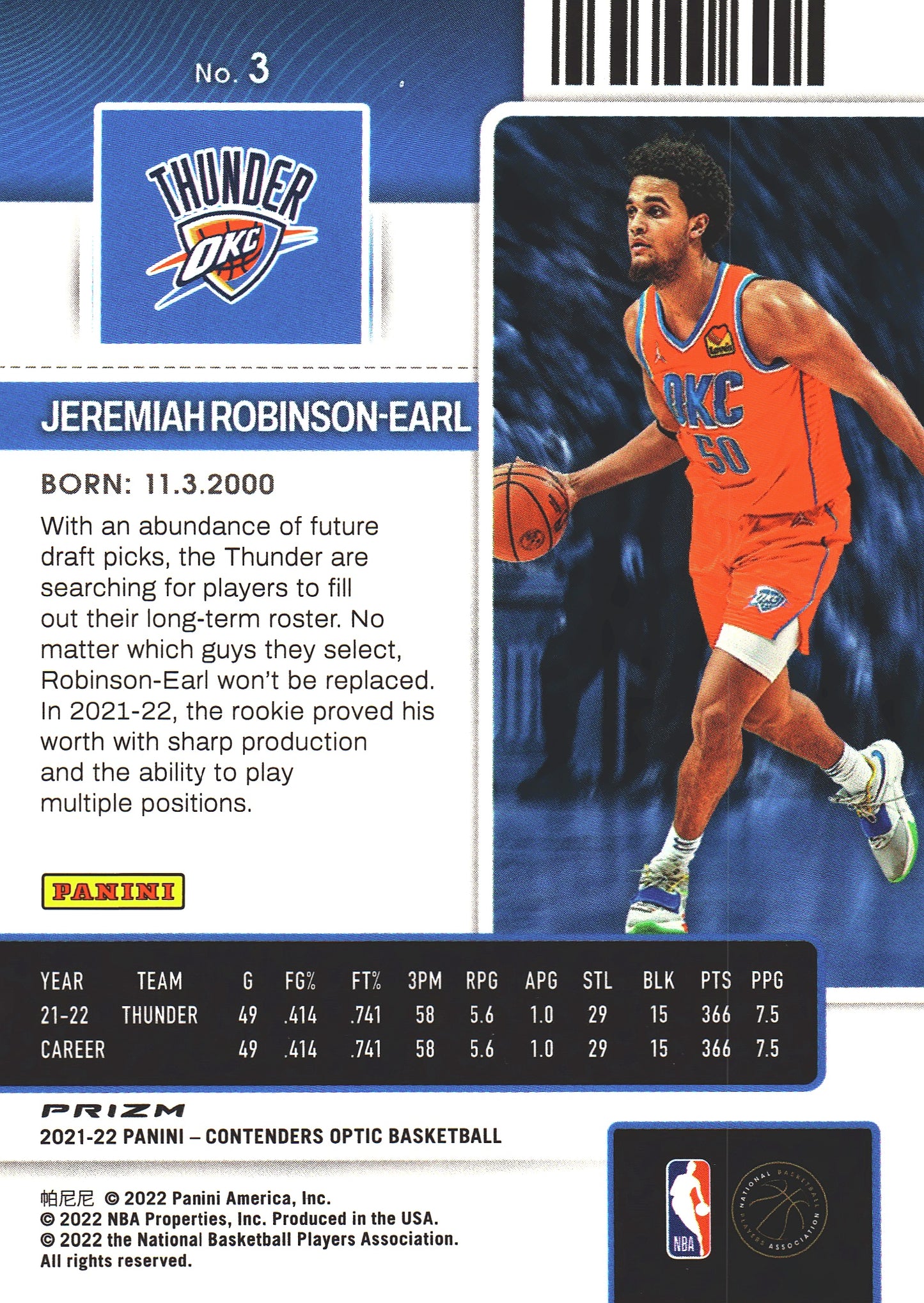 2021 Panini Contenders Optic Jeremiah Robinson-Earl RC Silver #3 Oklahoma City Thunder