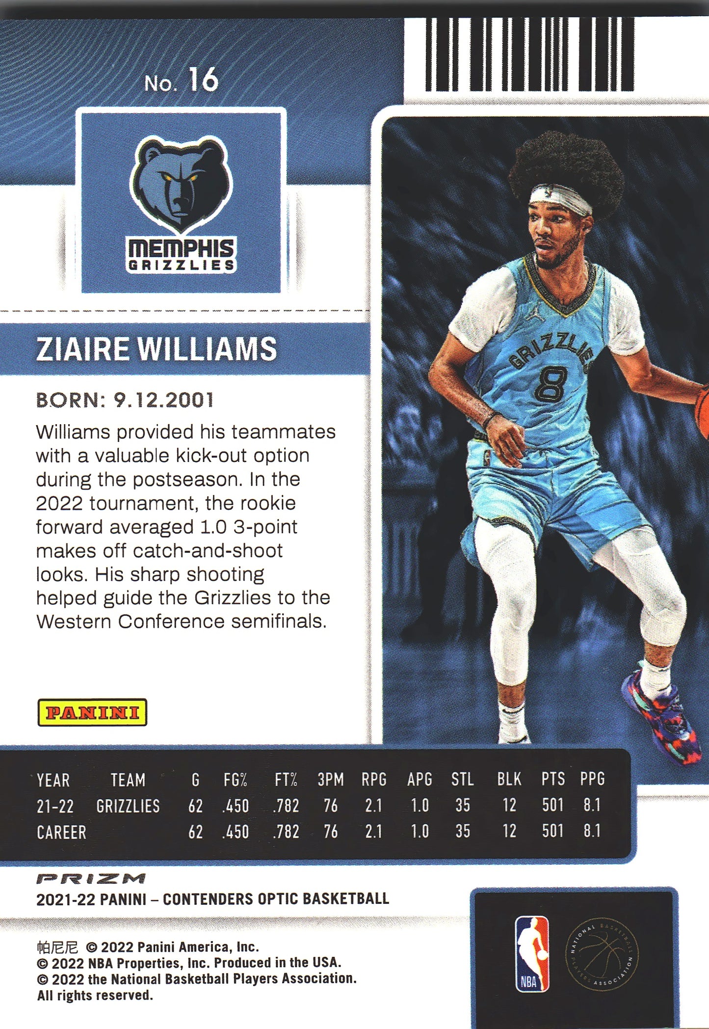 2021 Panini Contenders Optic Ziaire Williams RC #16 Memphis Grizzlies
