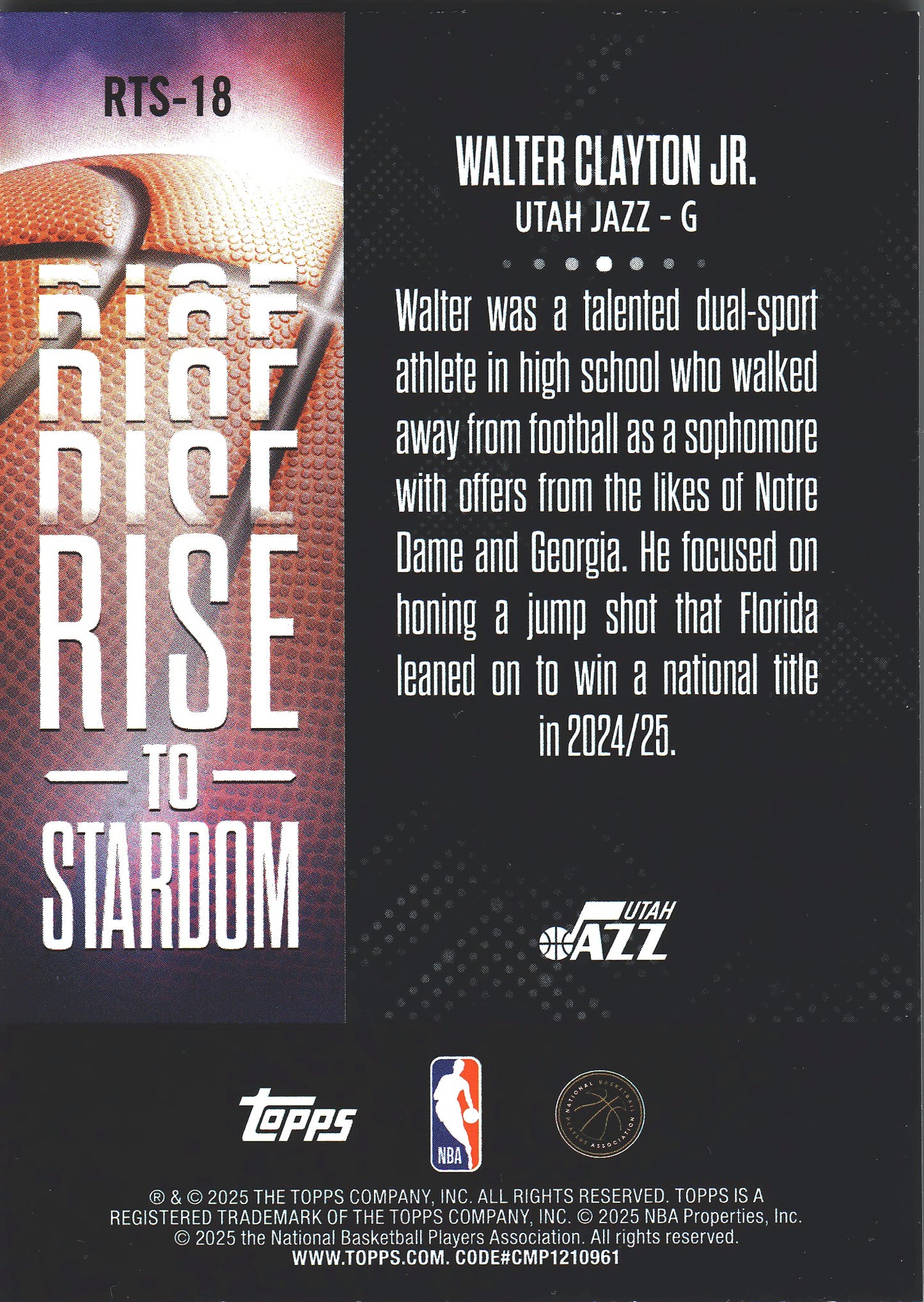 2025 Topps NBA Rise To Stardom Walter Clayton Jr RC #RTS-18 Utah Jazz