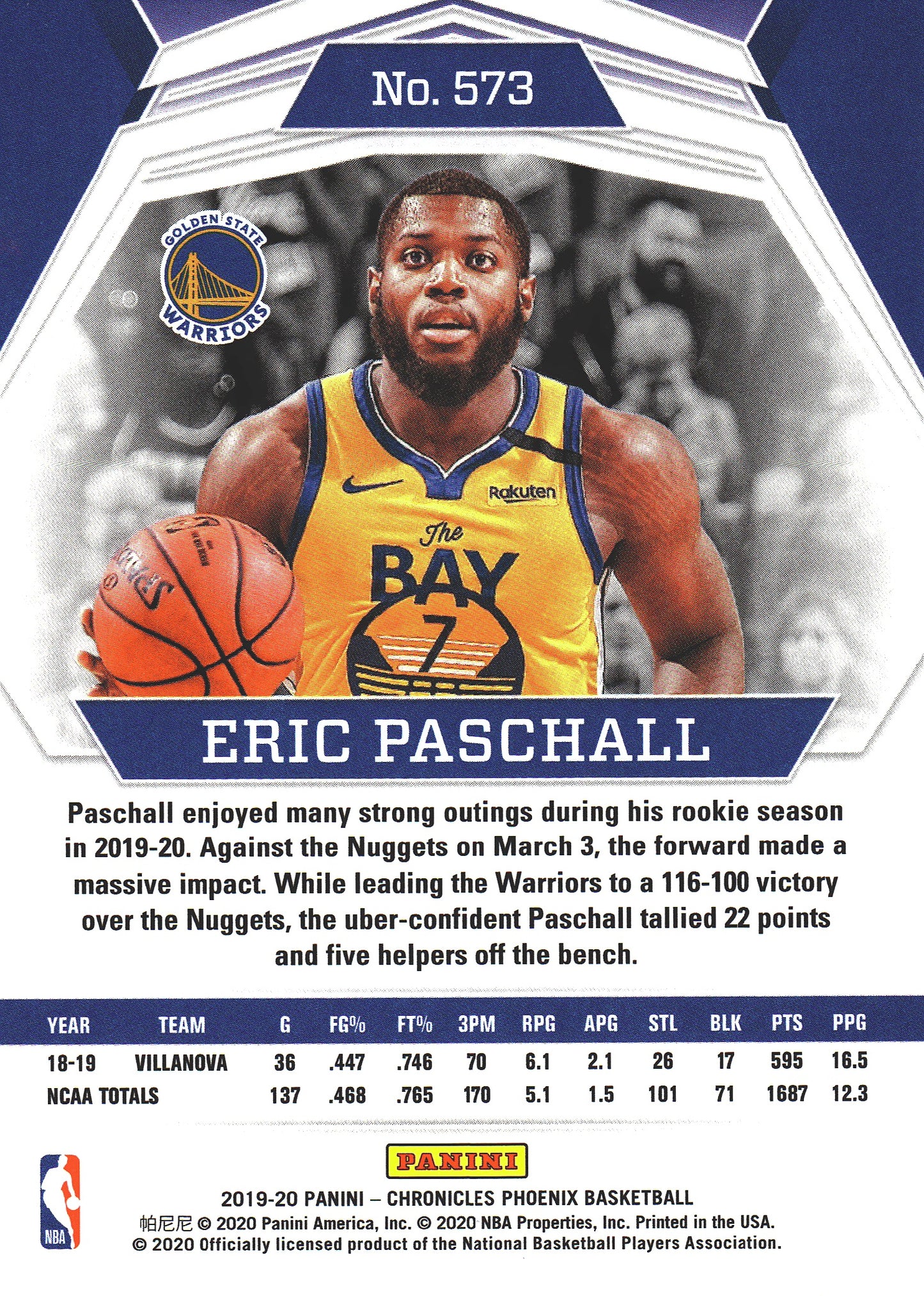 2019 Panini Chronicles Phoenix Eric Paschall RC #573 Warriors