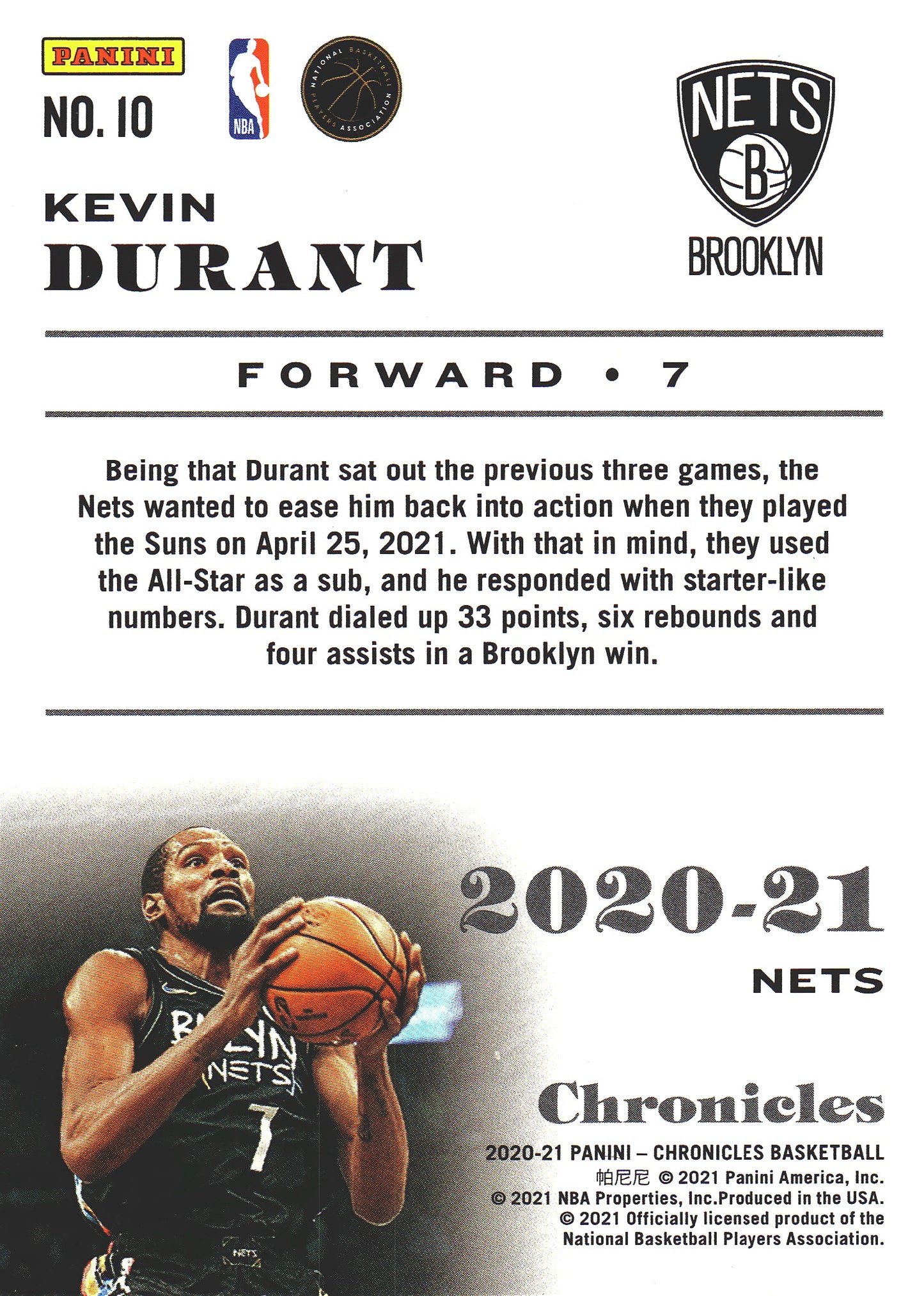 2020 Panini Chronicles Kevin Durant Asia #10 Nets