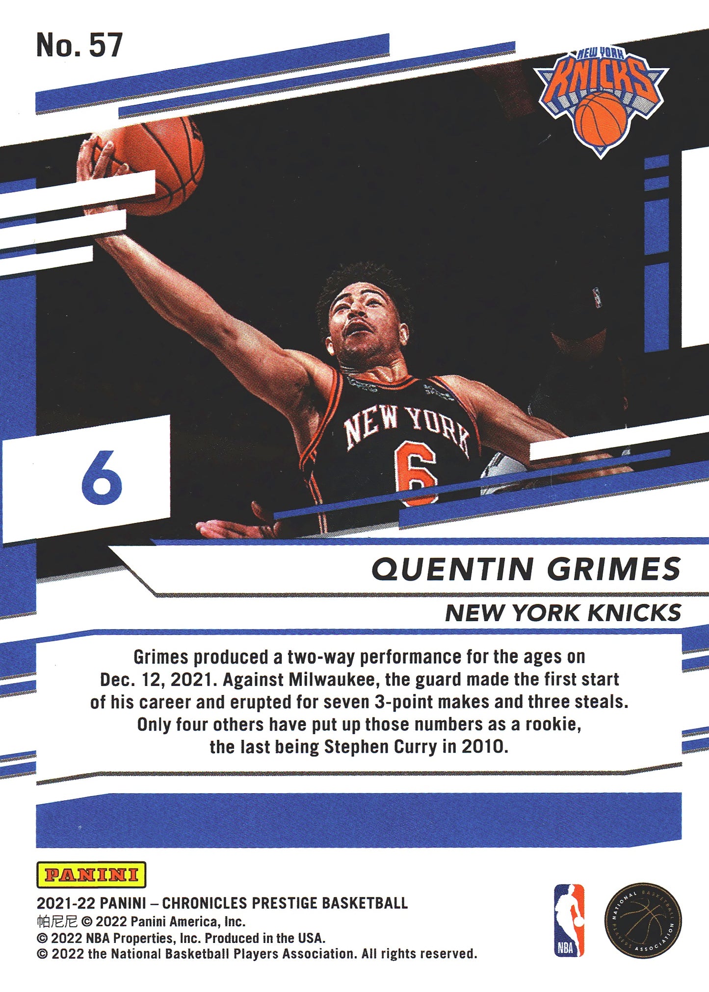 2021 Panini Chronicles Prestige Pink Quentin Grimes RC #57 Knicks