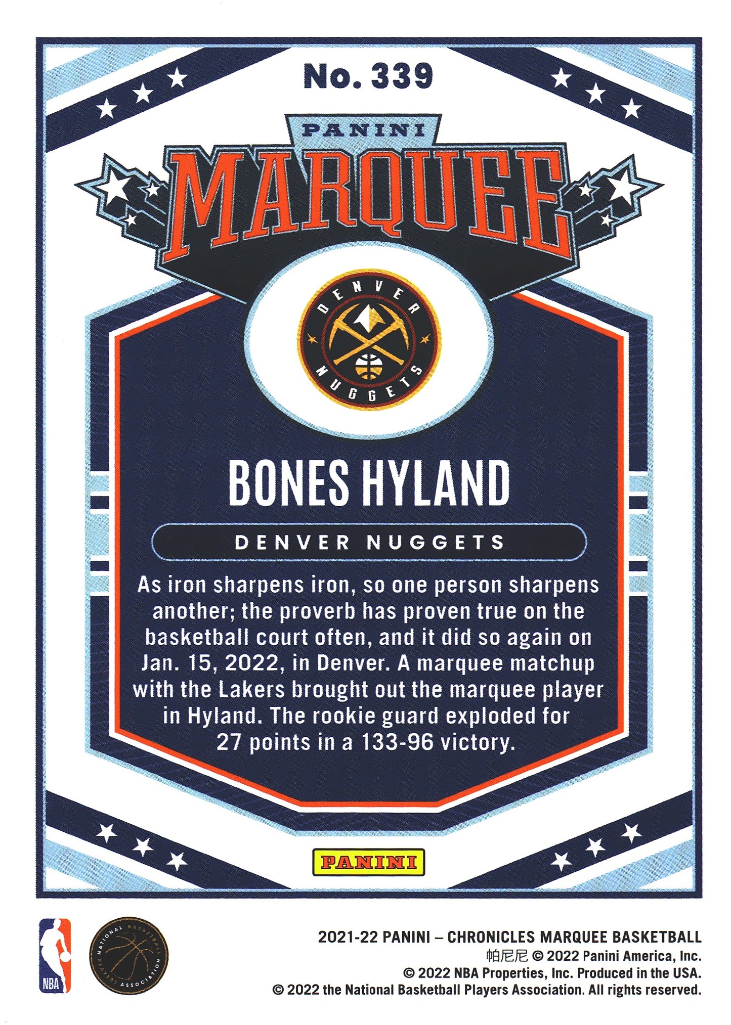2021 Panini Chronicles Marquee Bones Hyland RC #339 Nuggets