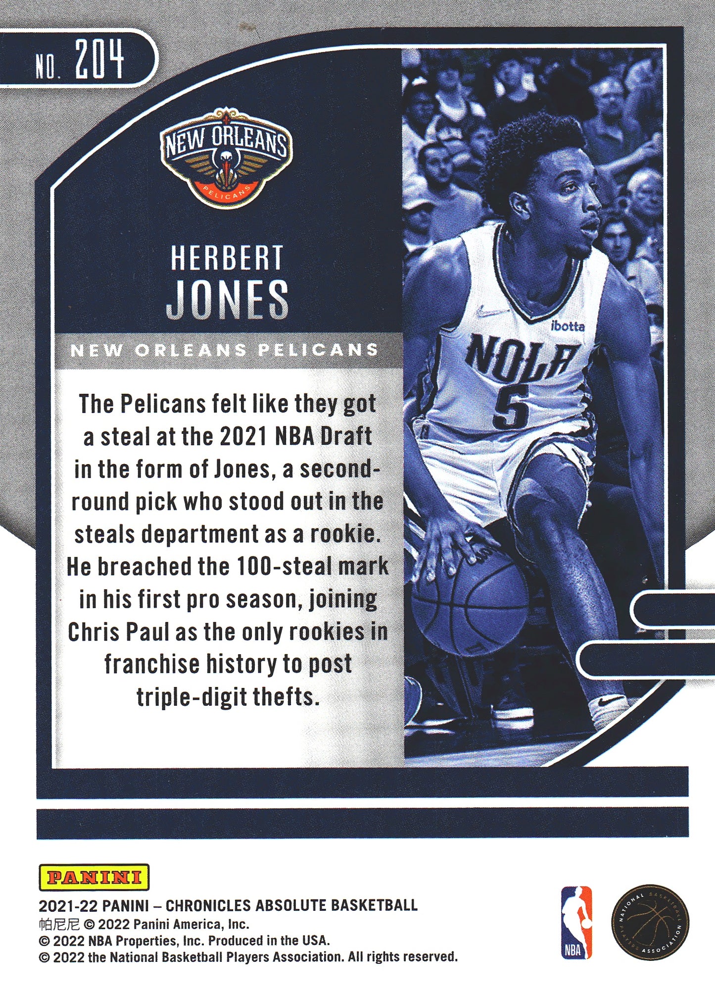 2021 Panini Chronicles Absolute RC Herbert Jones #204 Pelicans