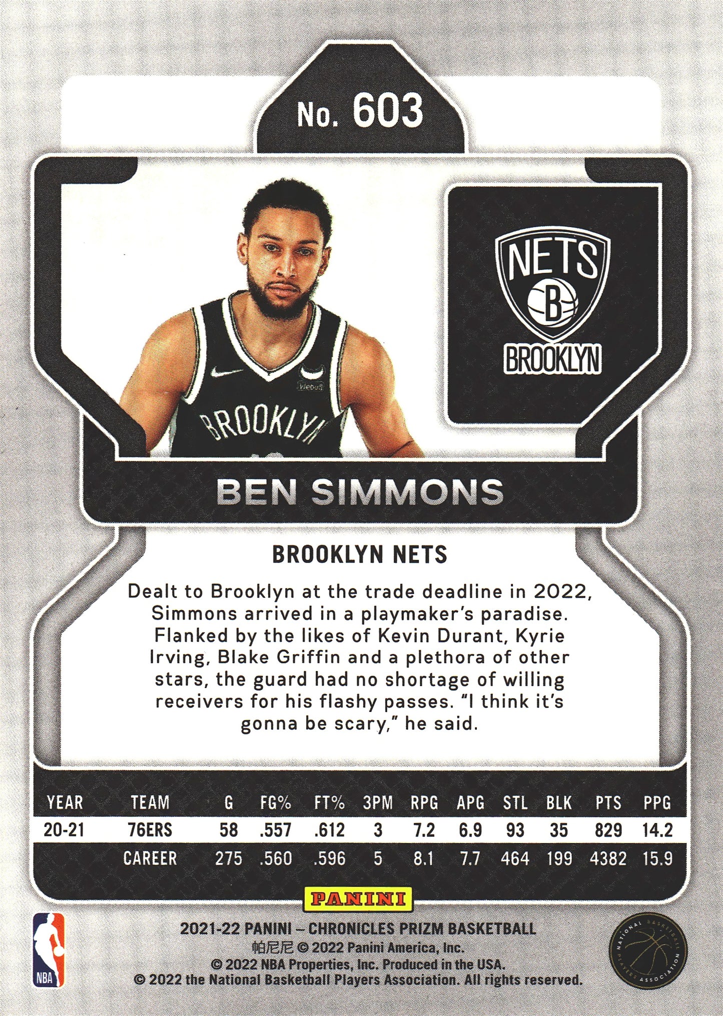 2021 Panini Chronicles Prizm Ben Simmons #603 Nets