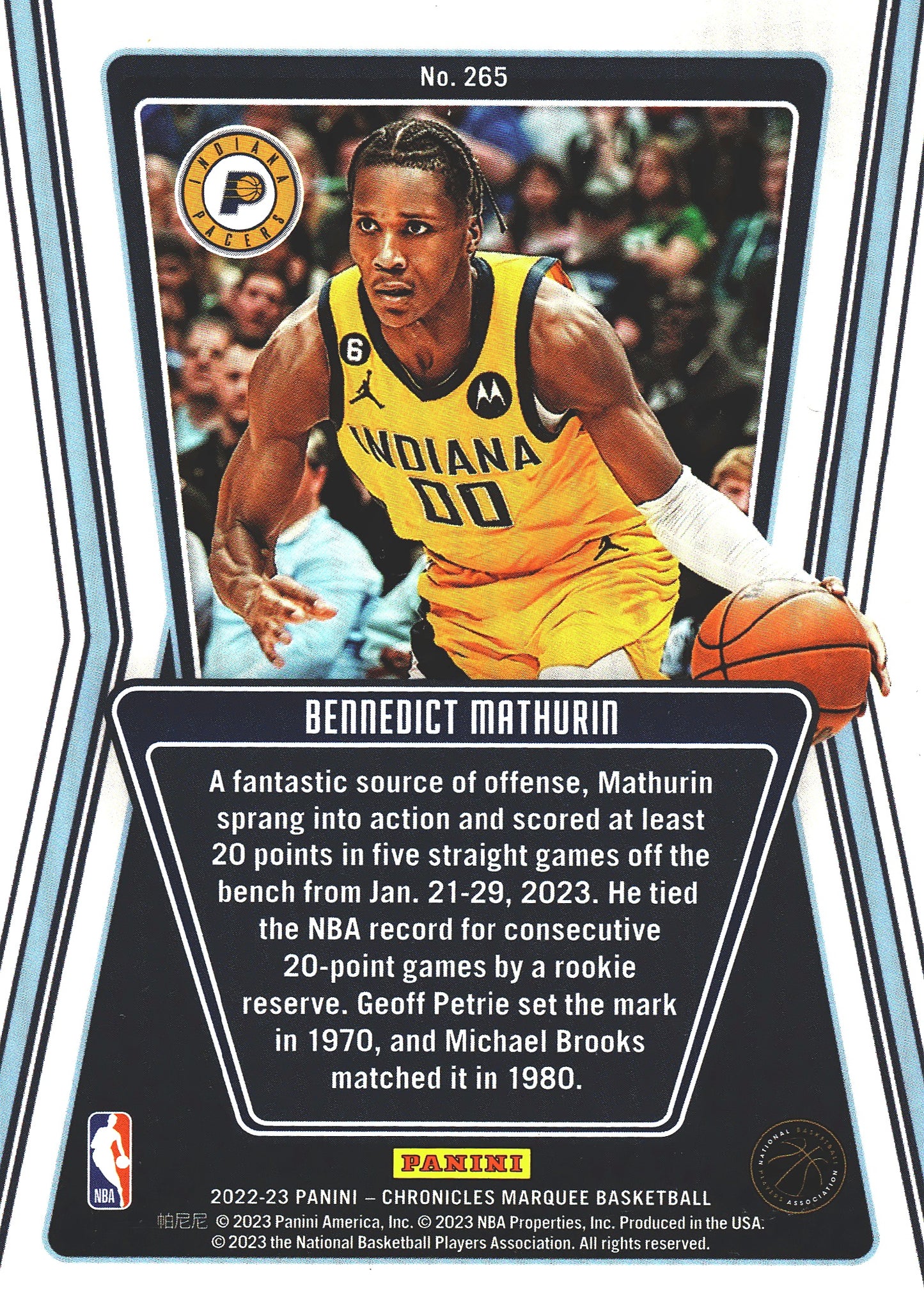 2022 Panini Chronicles Marquee RC Bennedict Mathurin #265 Pacers