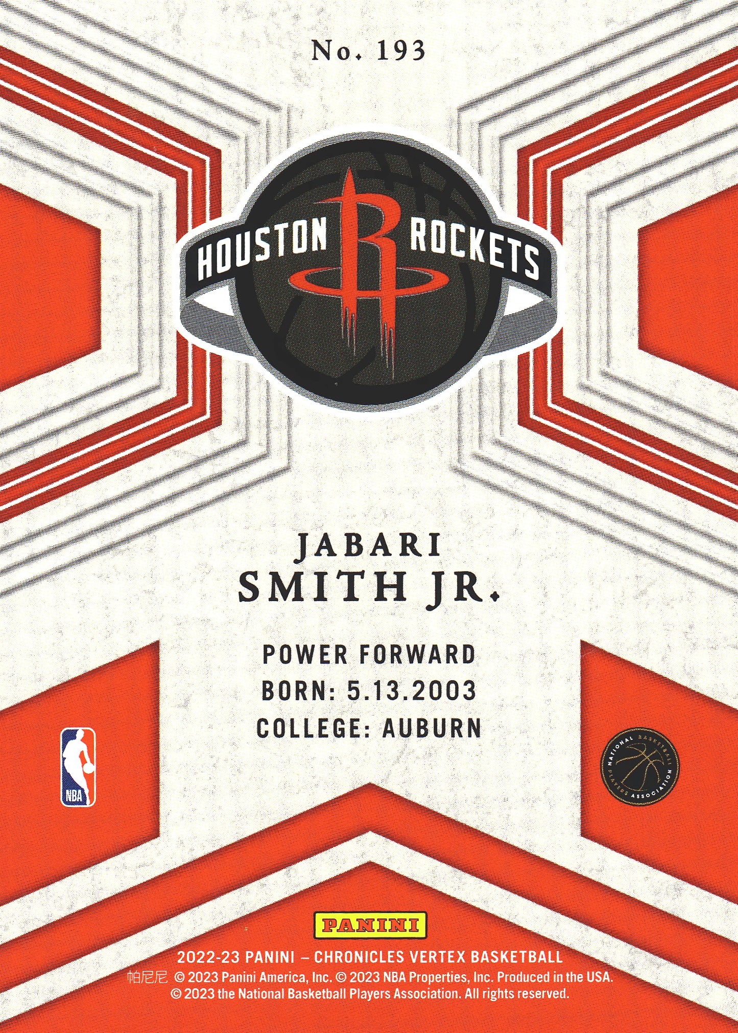 2022 Panini Chronicles Vertex Jabari Smith RC #193 Rockets