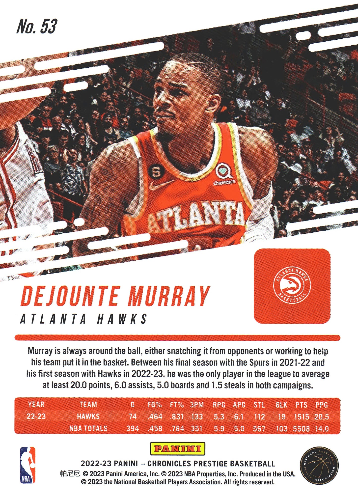 2022 Panini Chronicles Prestige Dejounte Murray #53 Hawks