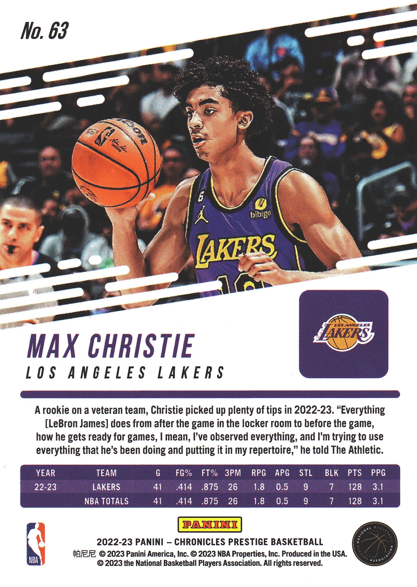 2022 Panini Chronicles Prestige Max Christie Pink RC #63 Lakers