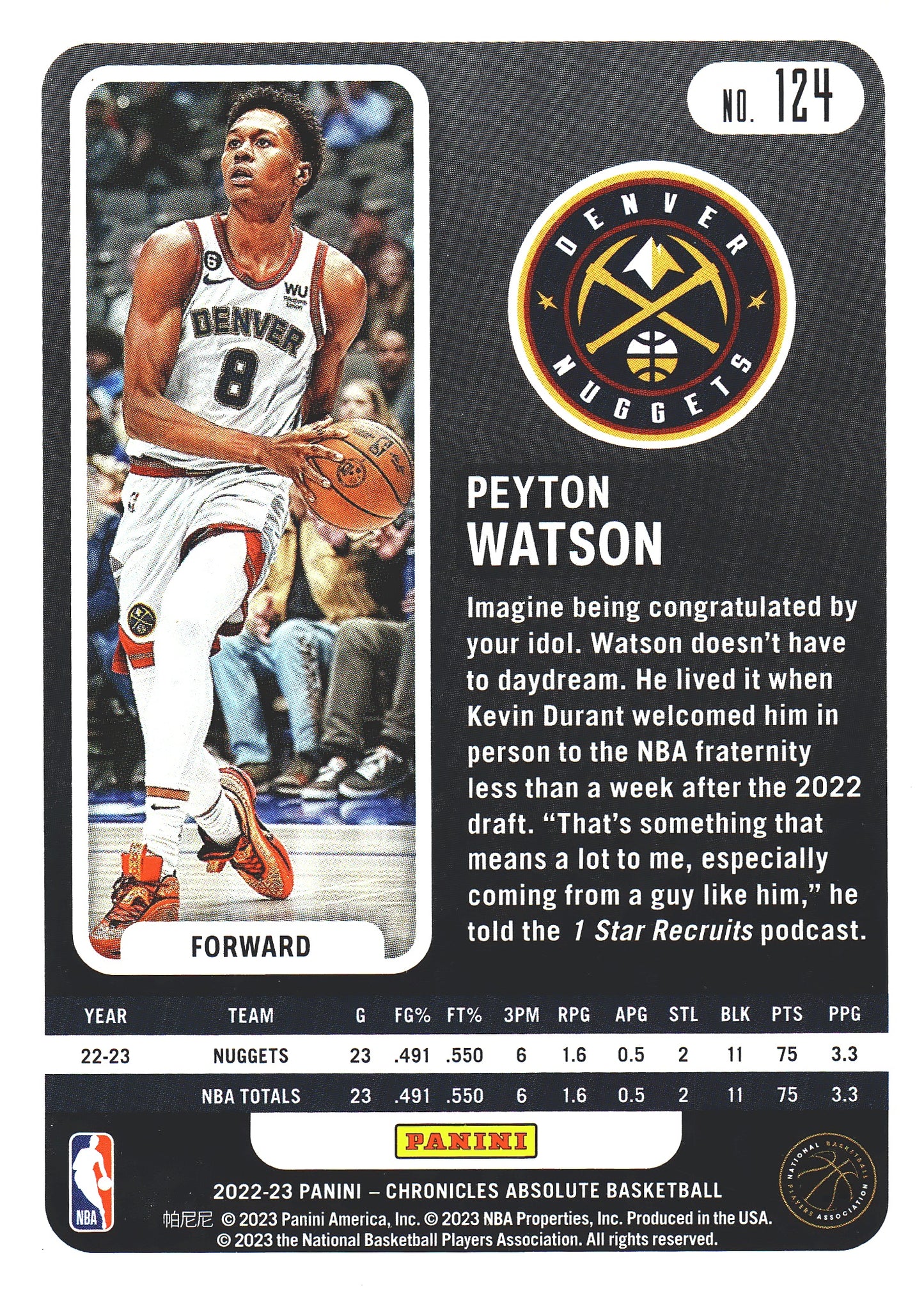 2022 Panini Chronicles Absolute Peyton Watson RC #124 Nuggets