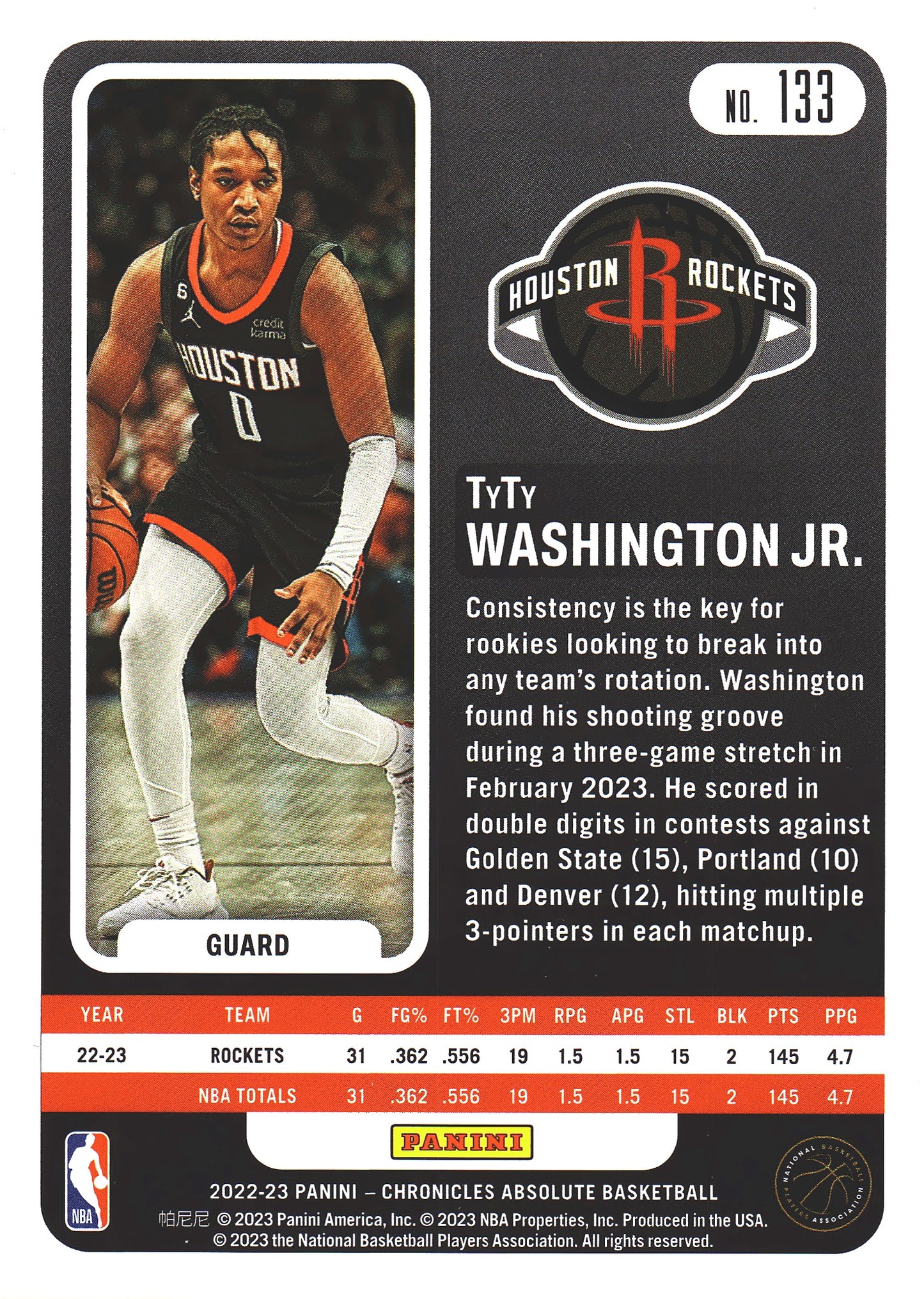 2022 Panini Chronicles Absolute Pink TyTy Washington Jr RC #133 Rockets