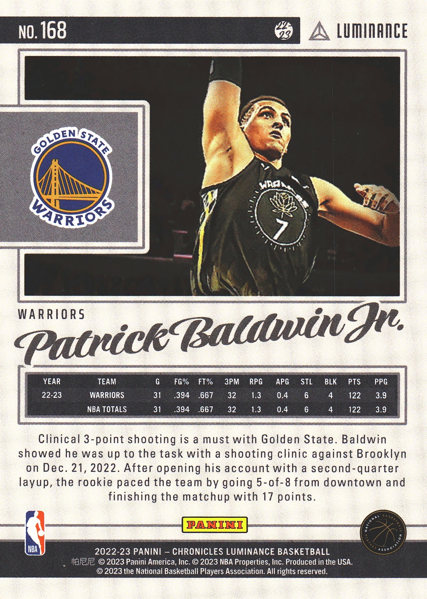 2022 Panini Chronicles Luminance Patrick Baldwin Jr Pink RC #168 Warriors
