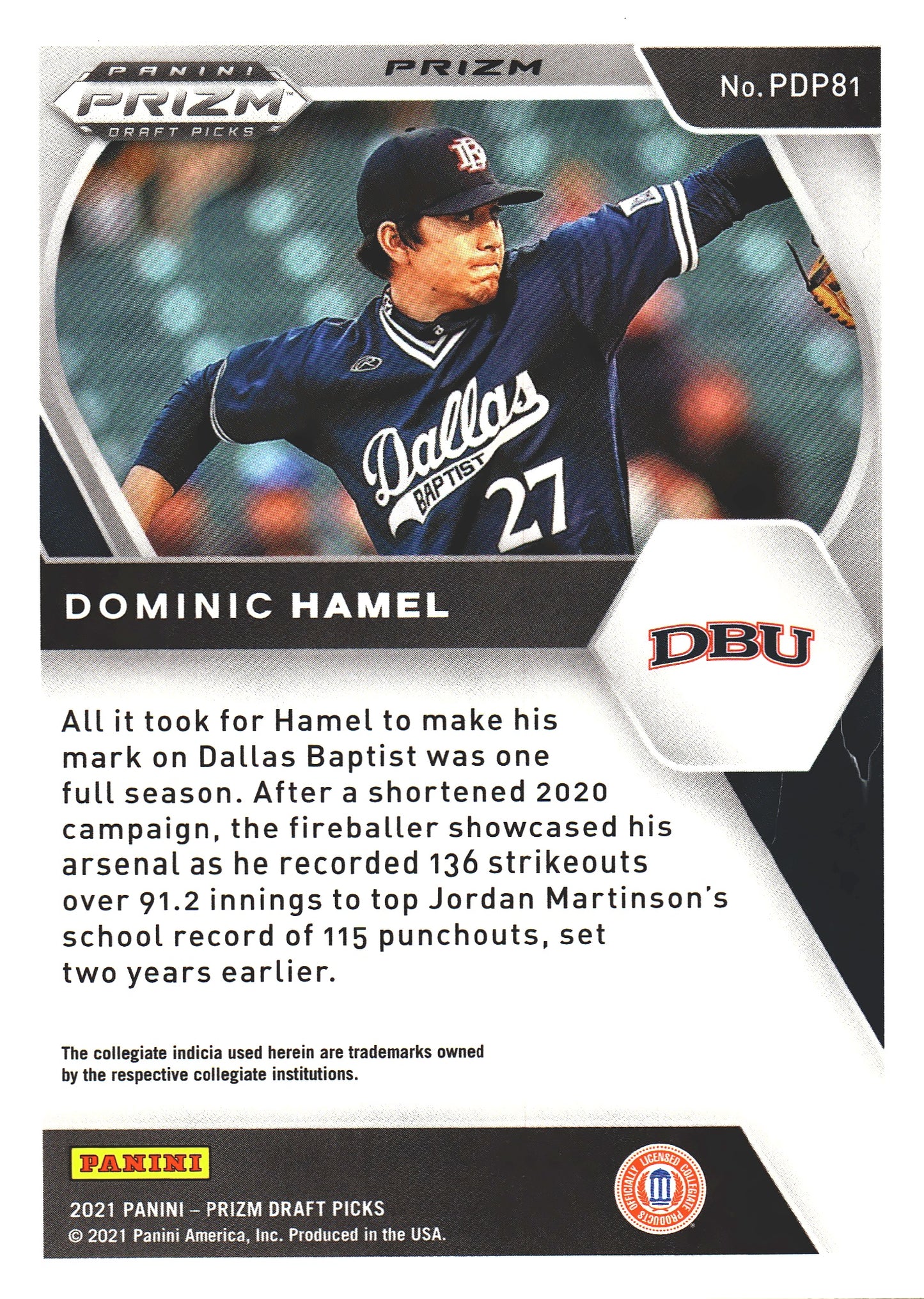 2021 Panini Prizm Draft Picks Green Pulsar Dominic Hamel #PDP81 Dallas Baptist Patriots