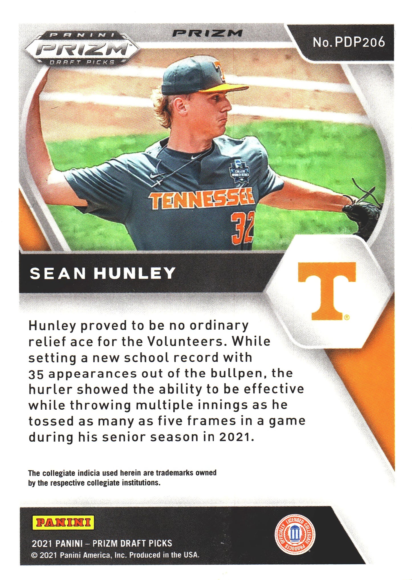 2021 Panini Prizm Draft Picks Red Velocity Sean Hunley #PDP206 Tennessee Volunteers