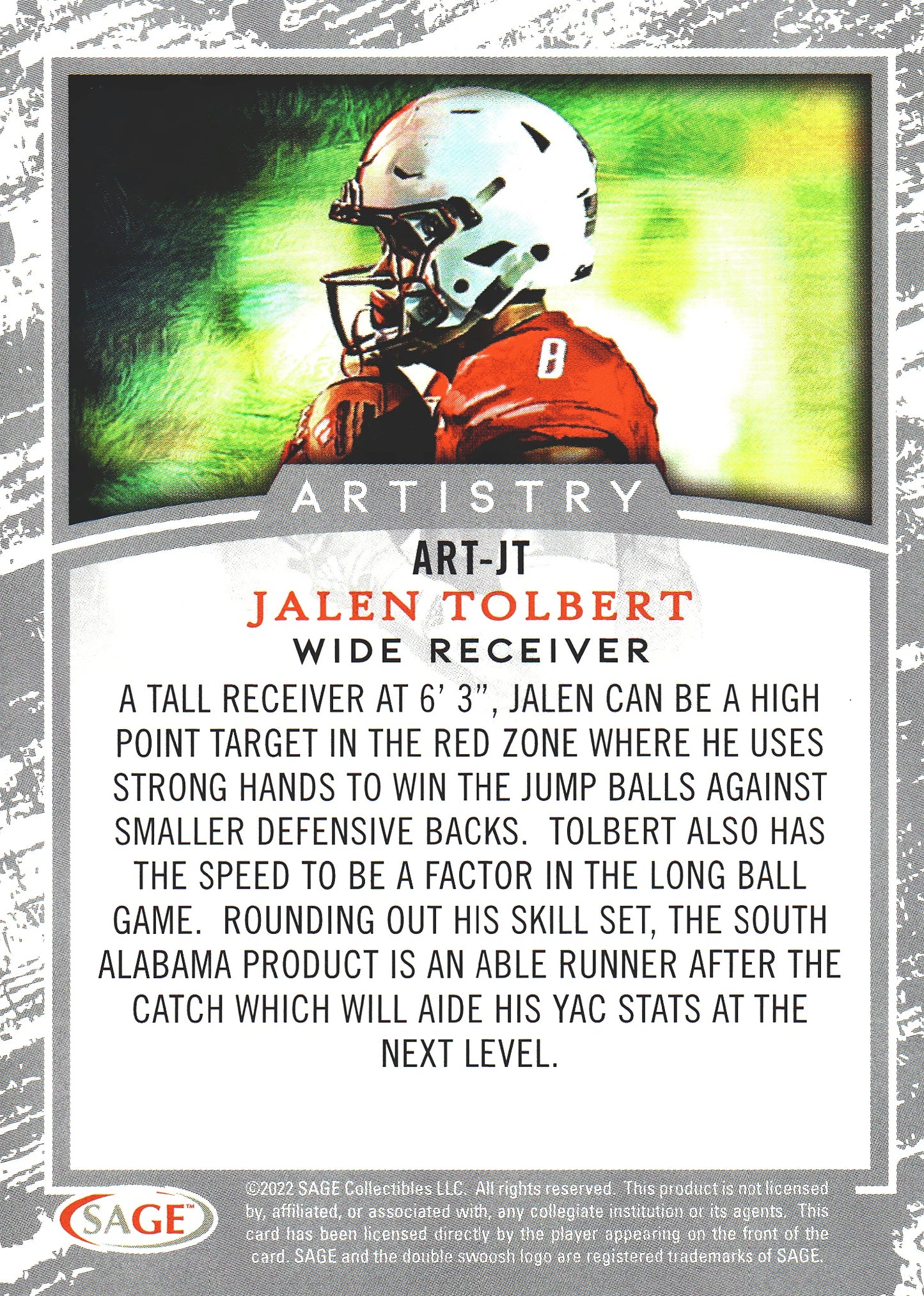 2022 Sage Football Artistry Jalen Tolbert #ART-JT South Alabama Jaguars