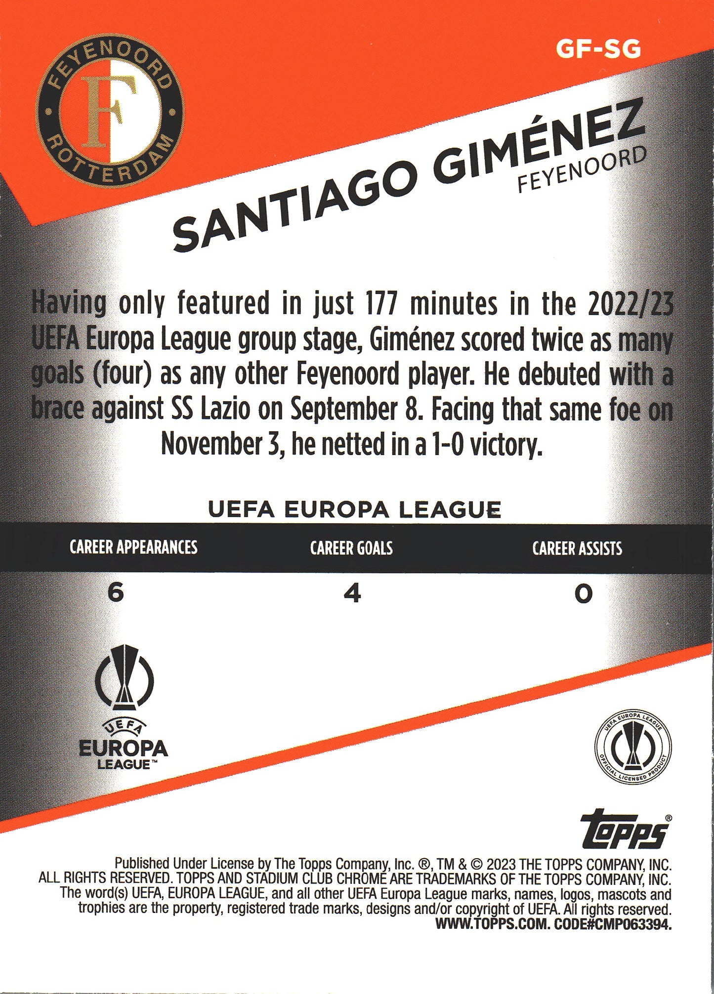 2022 Topps Stadium Chrome UCC Goal Force Santiago Jimenez #GF-SG Feyenoord