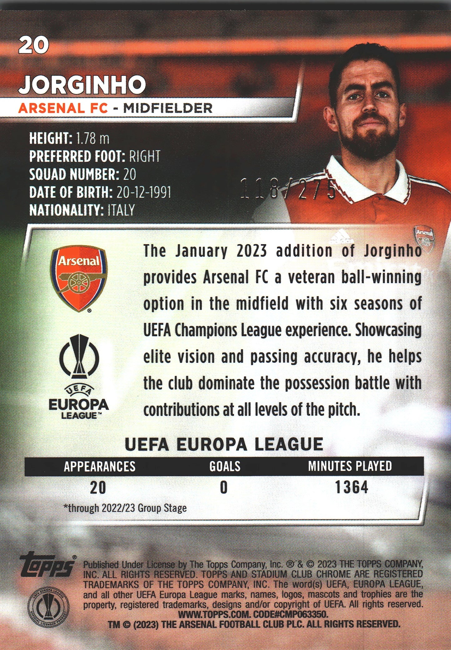 2022 Topps Stadium Chrome UCC Aqua Wave /275 Jorginho #20 Arsenal