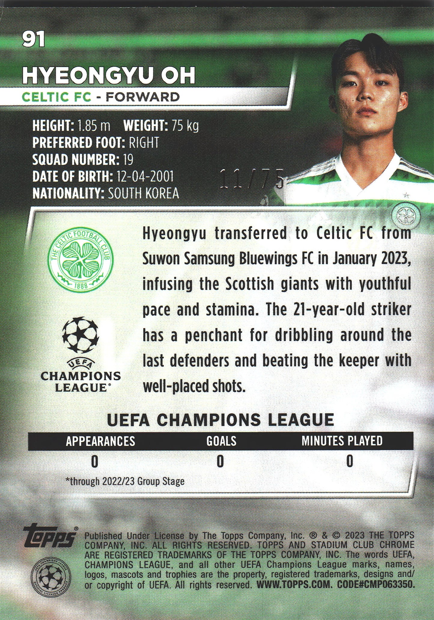 2022 Topps Stadium Chrome UCC Sepia Wave /75 Hyeongyu Oh RC #91 Celtic FC