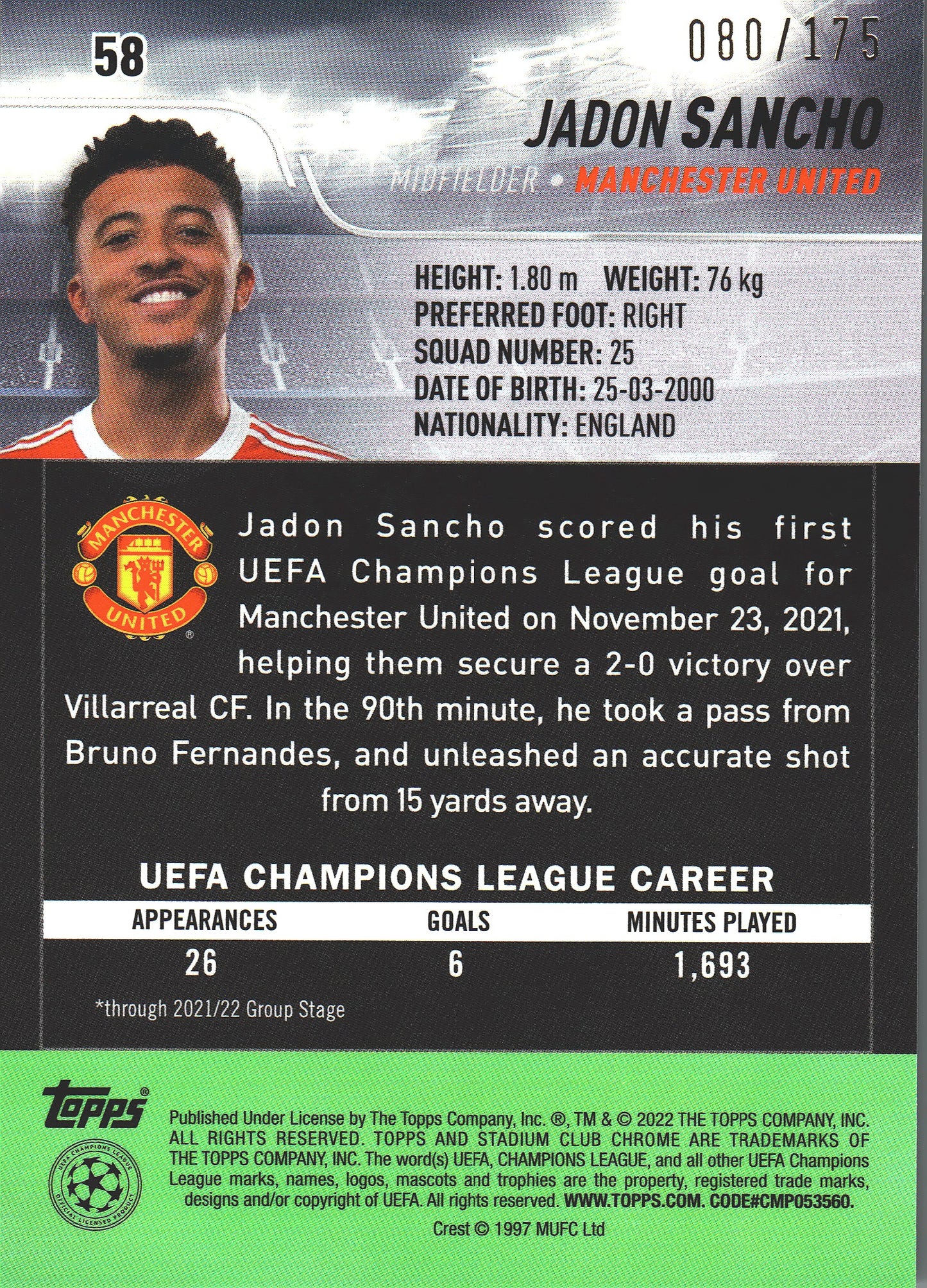 2021 Topps Stadium Chrome UCC Night Vision Prism /175 Jadon Sancho #58 Manchester United