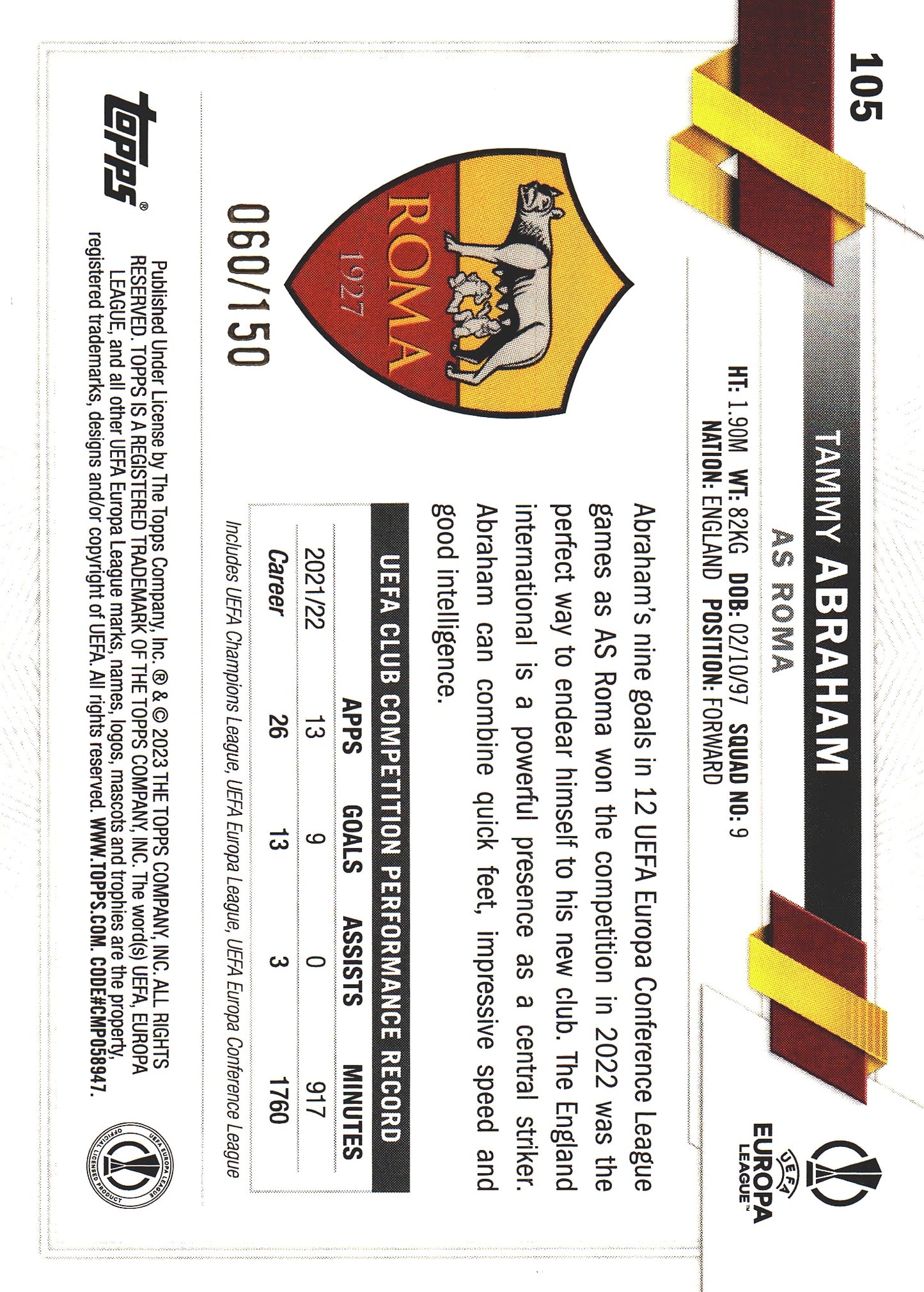 2022 Topps UCC Chinese /150 Tammy Abraham #105 AS Roma