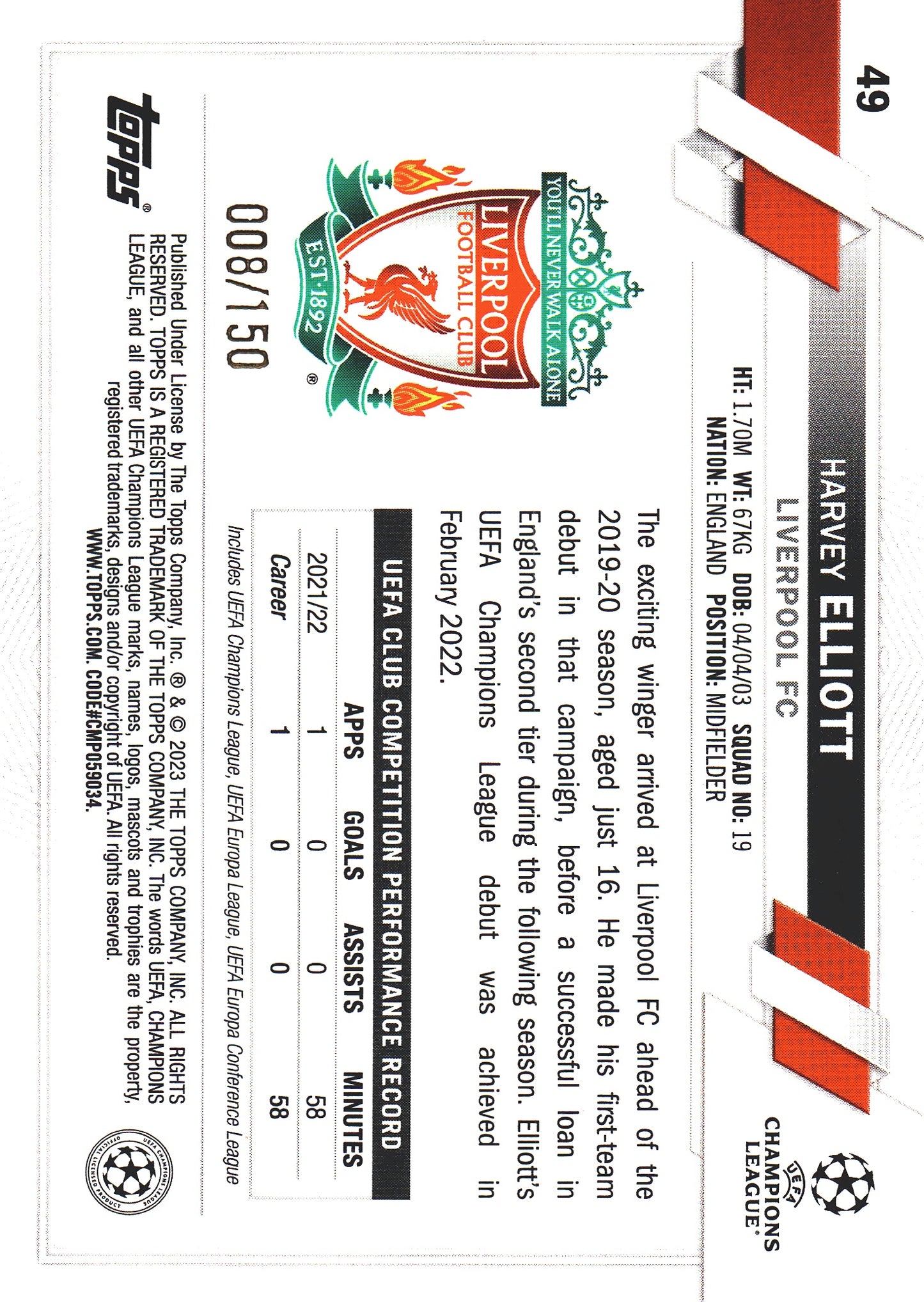 2022 Topps UCC Black And White Icy /150 Harvey Elliott #49 Liverpool