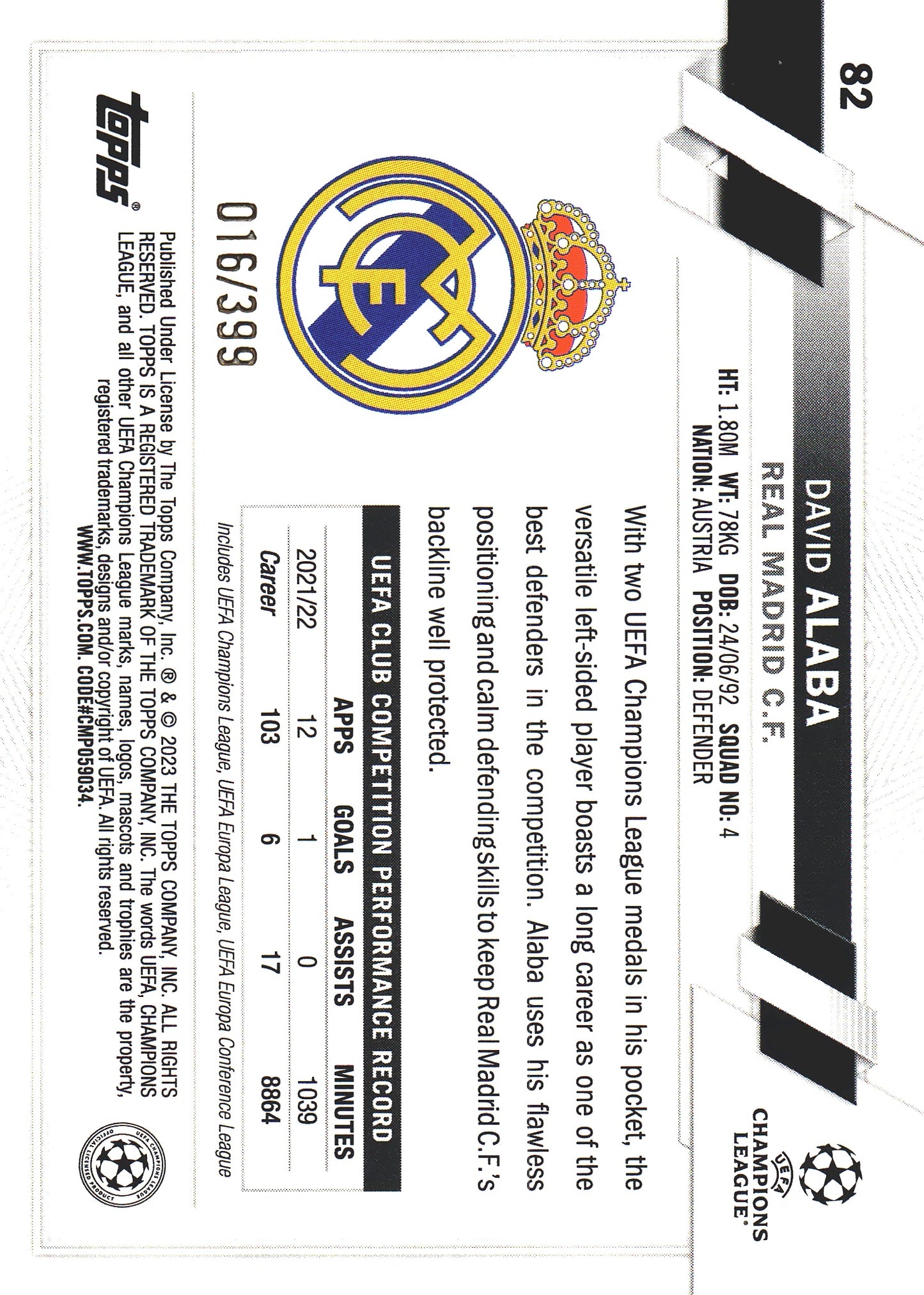 2022 Topps UCC Icy Aqua /399 David Alaba #82 Real Madrid