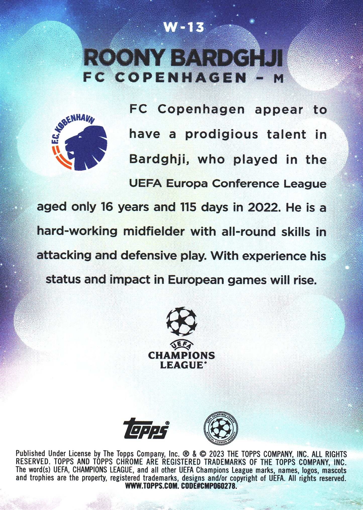 2022 Topps Chrome UCC Wonderkid RC Roony Bardghji #W-13 FC Copenhagen