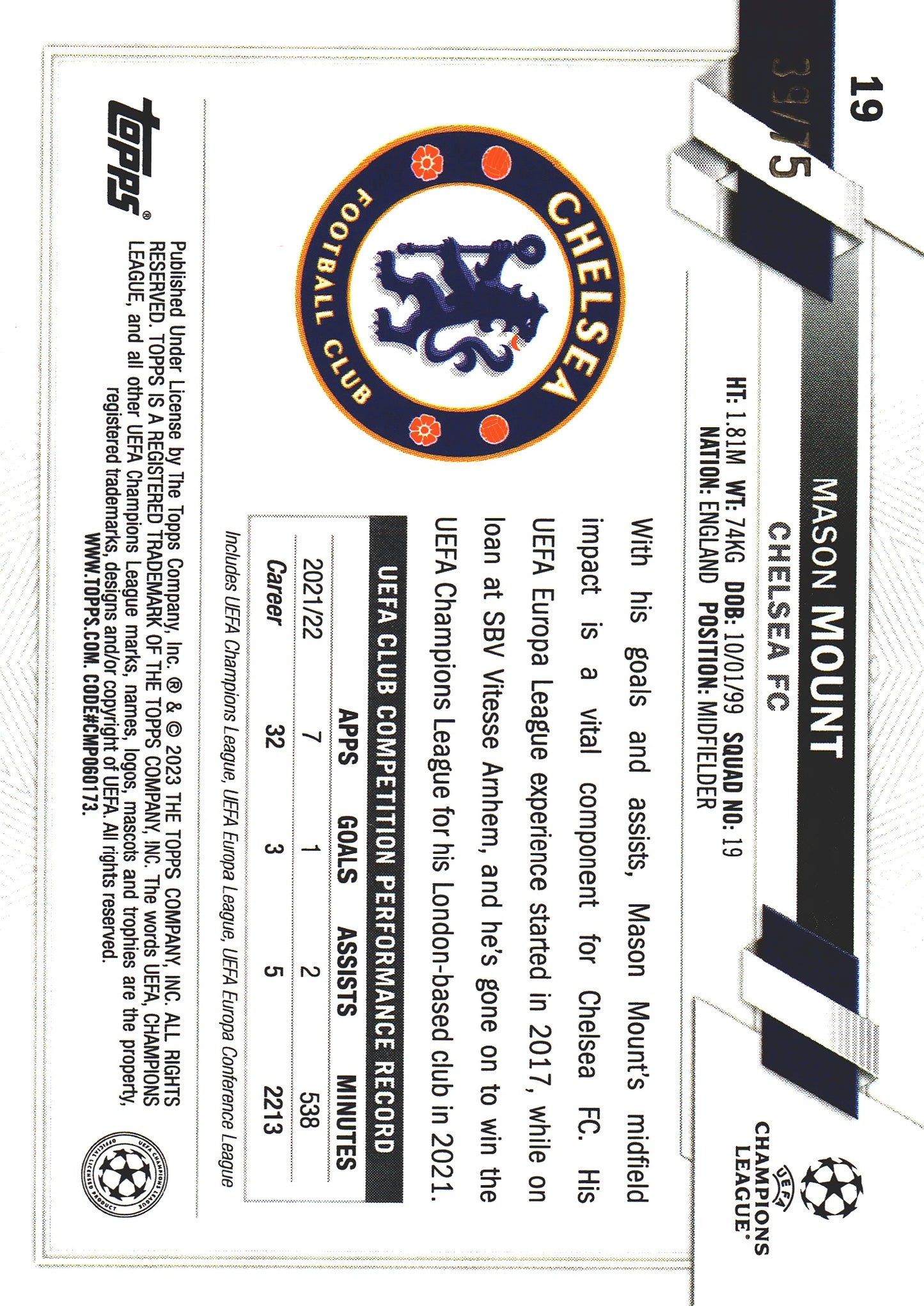 2022 Topps Chrome UCC Blue And Gold Seismic /75 Mason Mount #19 Chelsea
