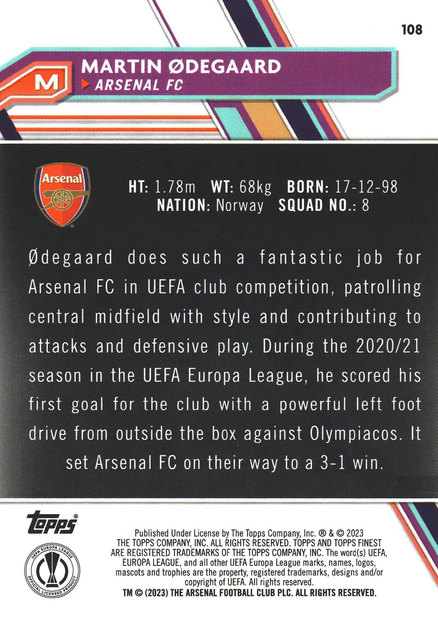 2022 Topps Finest UCC Refractor Martin Odegaard #108 Arsenal
