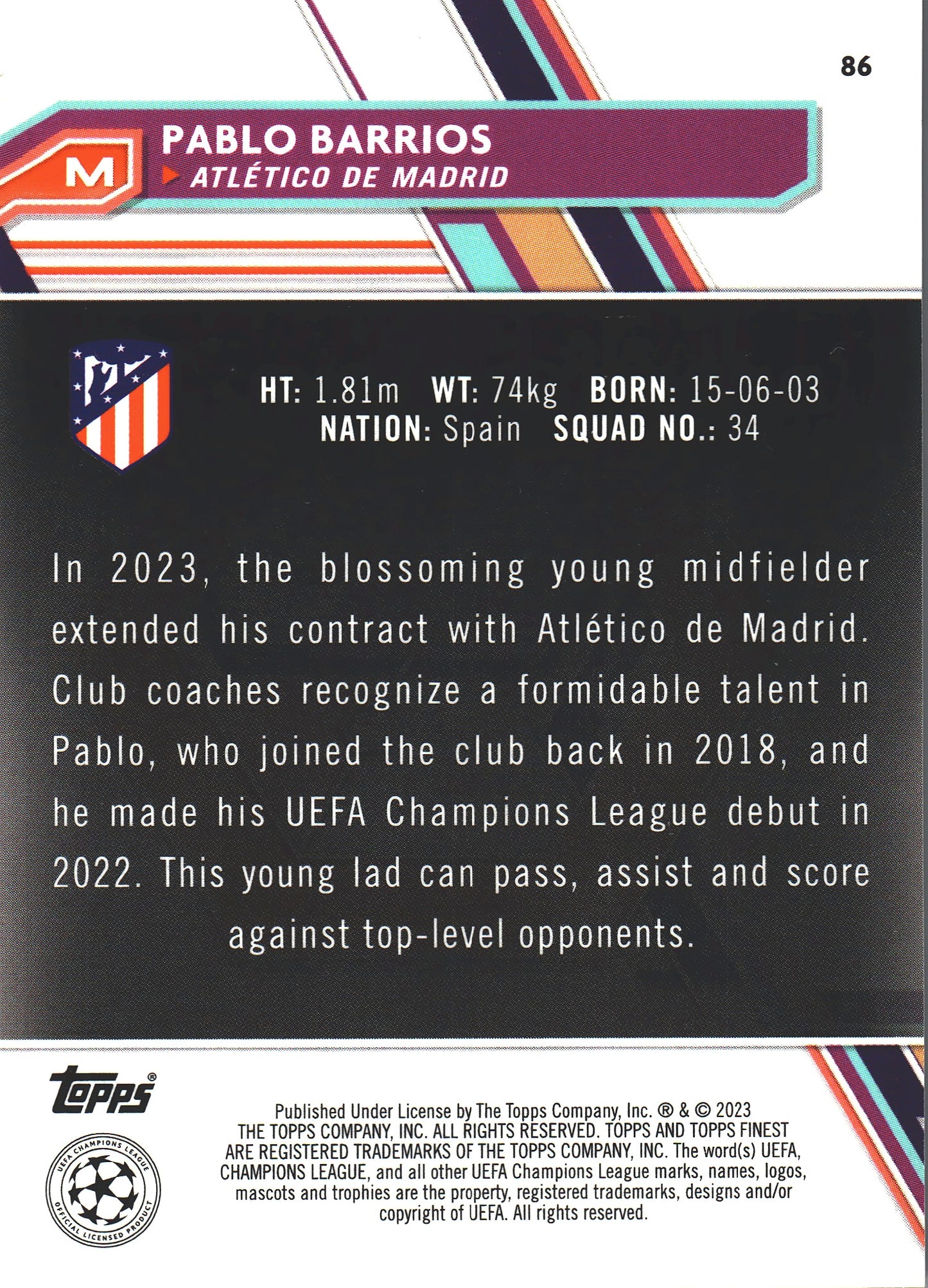 2022 Topps Finest UCC Purple /299 Pablo Barrios RC #86 Atletico de Madrid