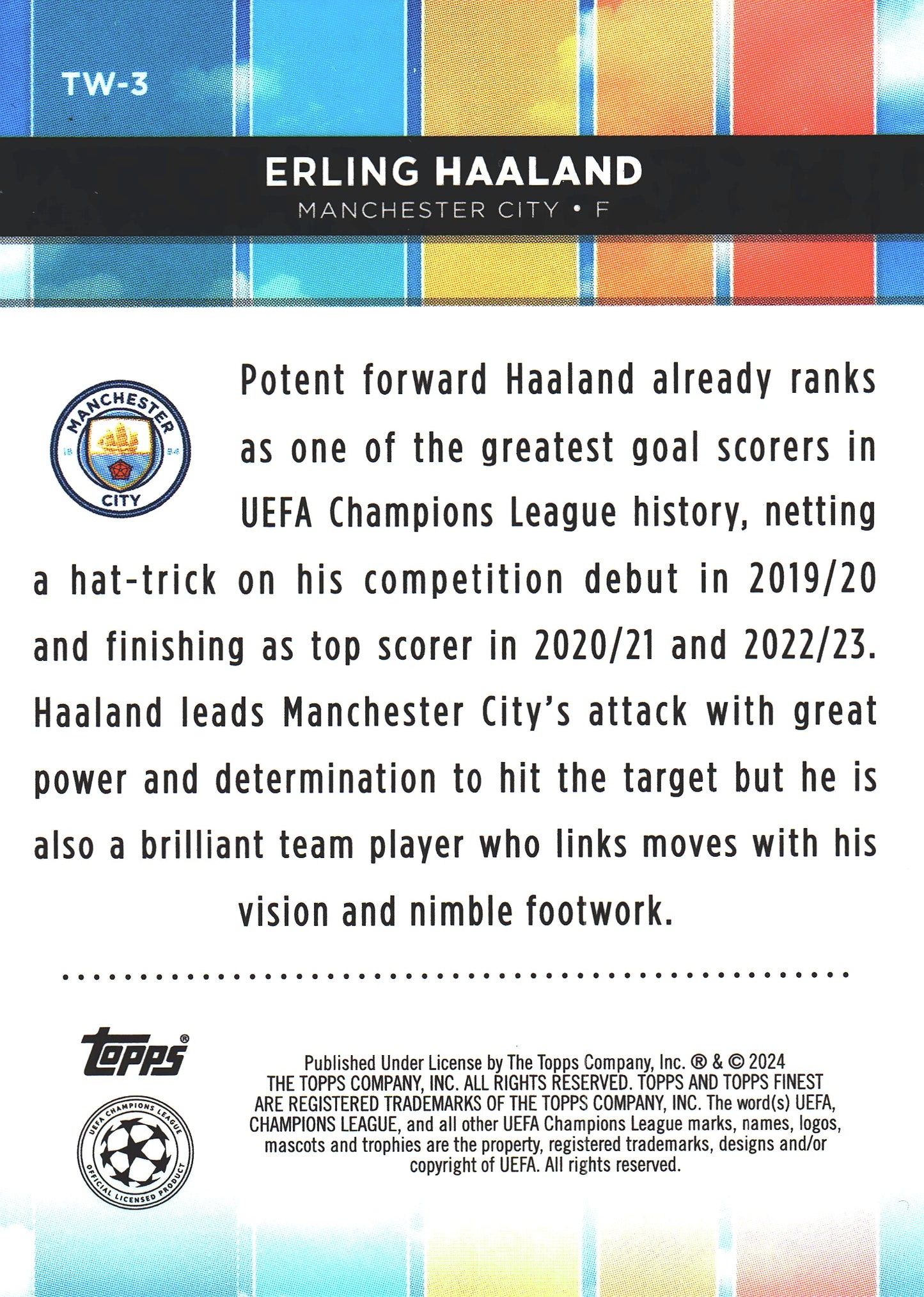 2023 Topps Finest UCC Top of the World Erling Haaland #TW-3 Manchester City