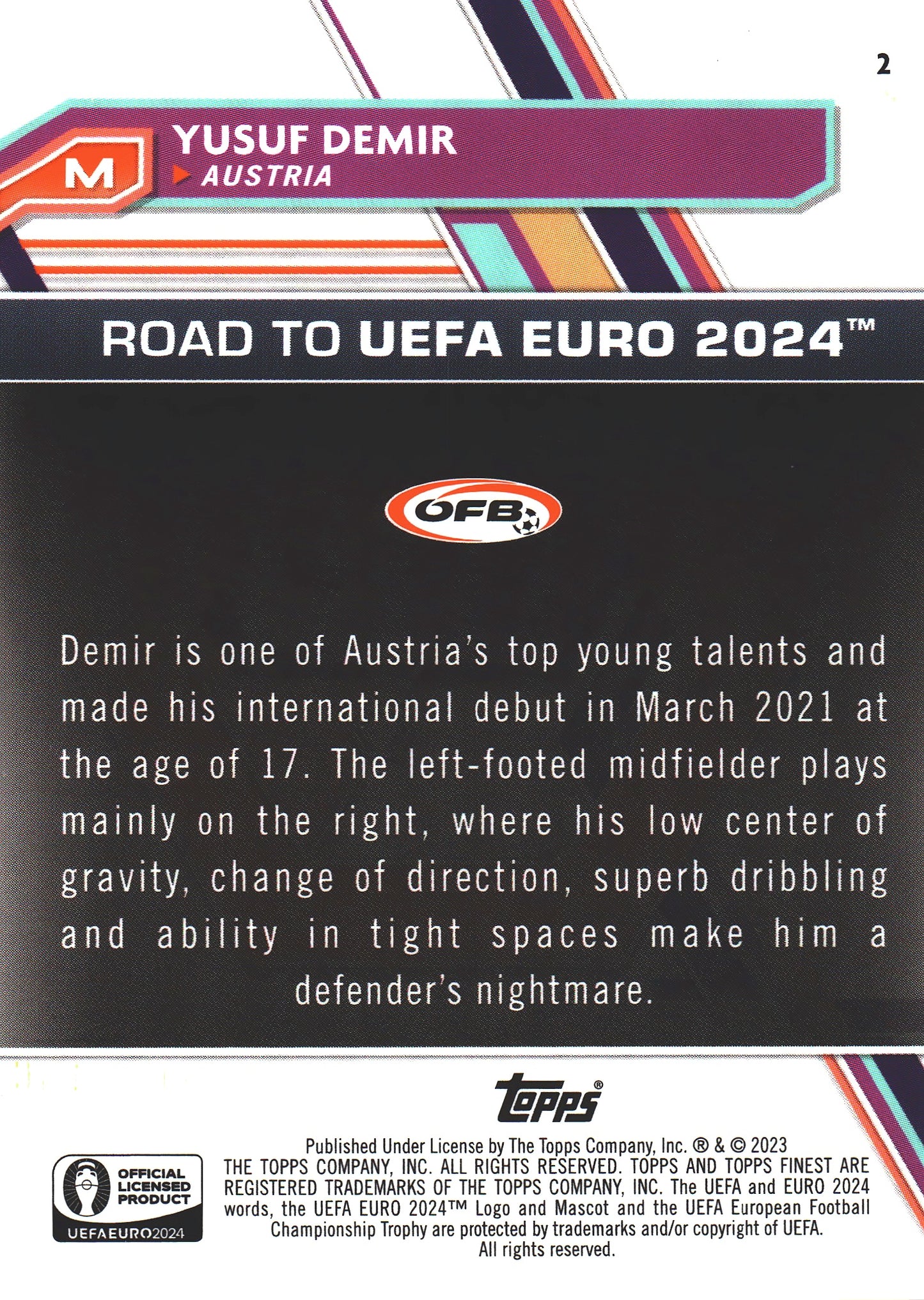 2023 Topps Finest Euro 2024 Blue /150 Yusuf Demir #2 Austria