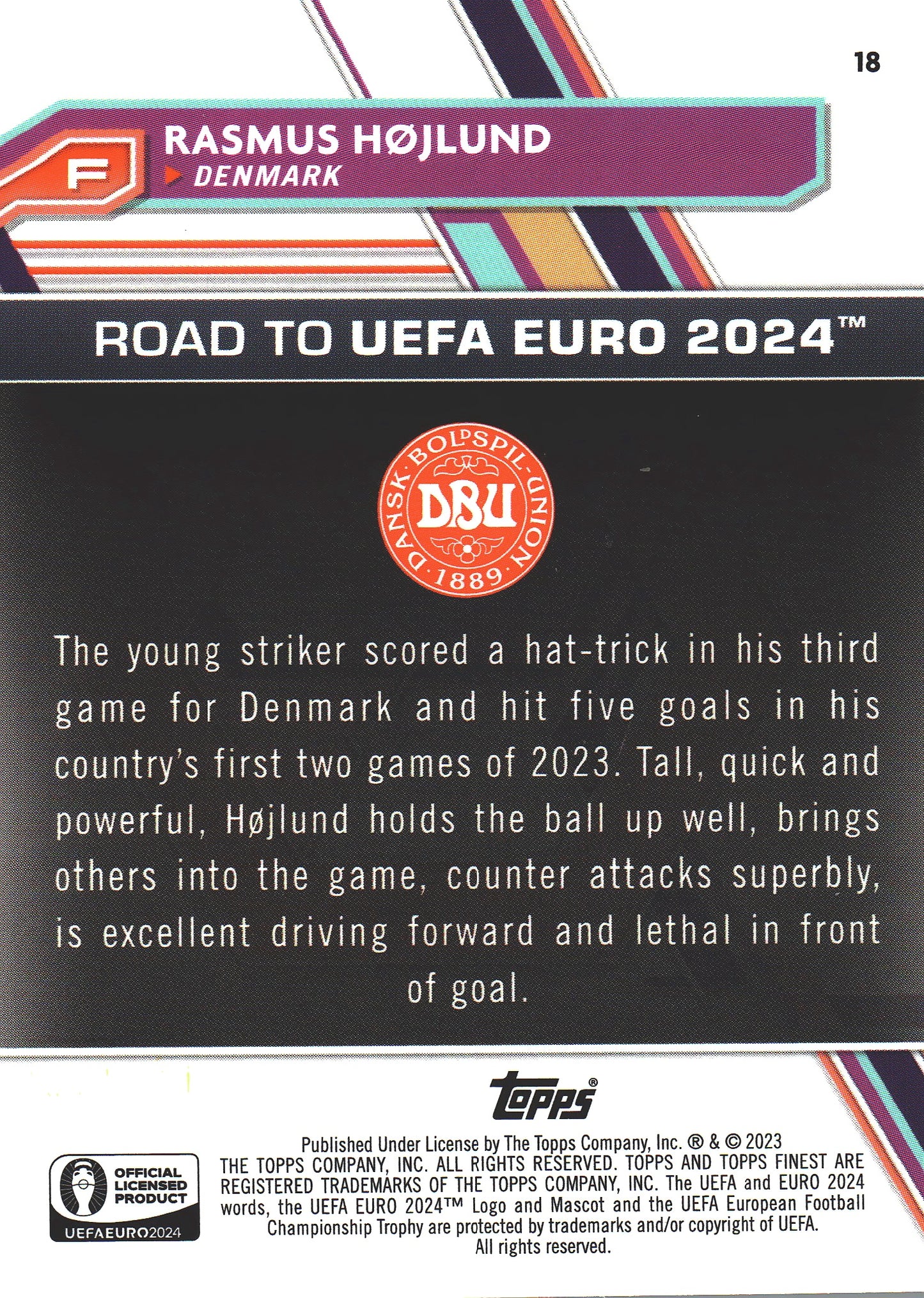 2023 Topps Finest Euro 2024 Blue /150 Rasmus Hojlund National Debut #18 Denmark