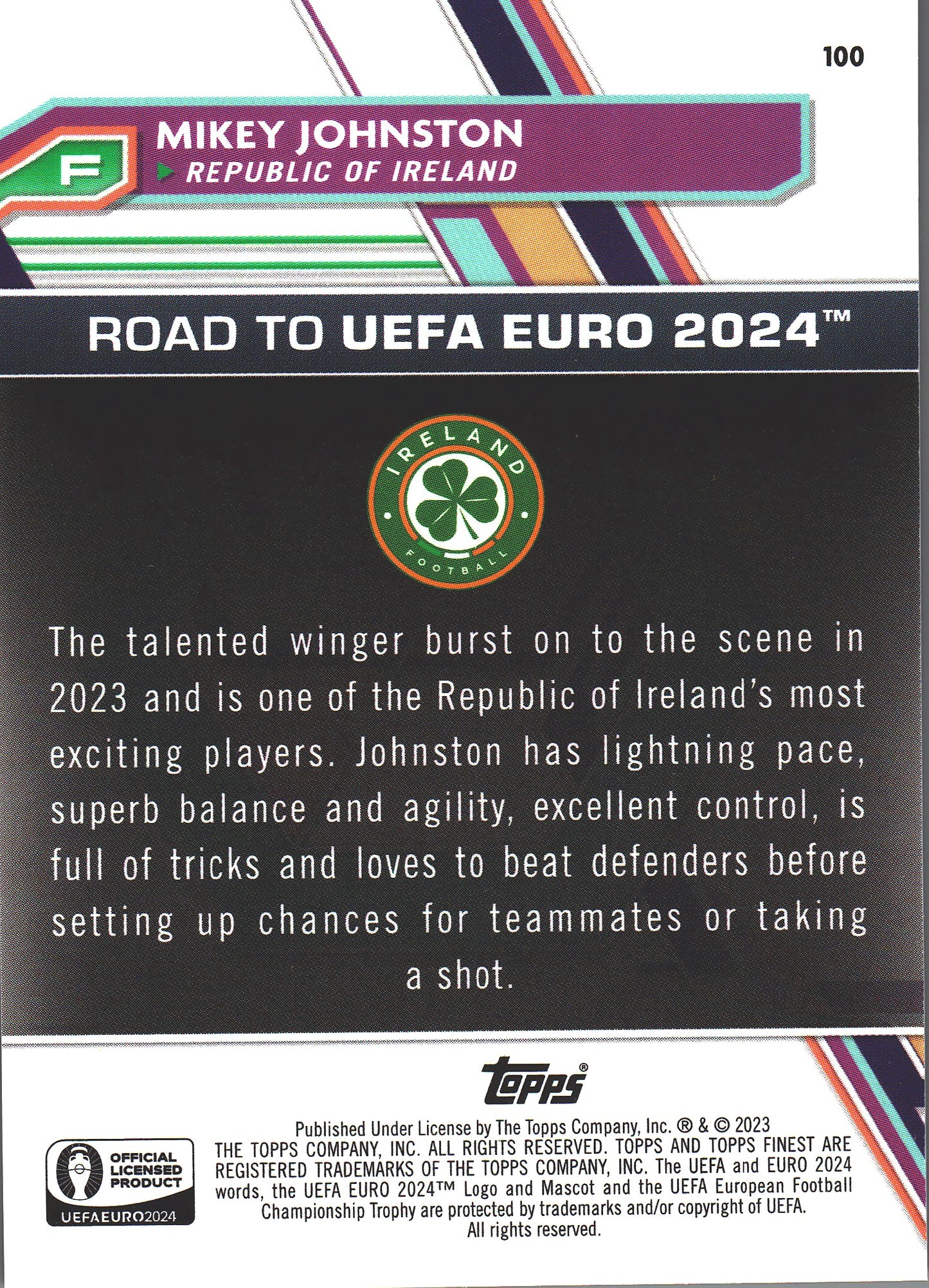 2023 Topps Finest Euro 2024 Orange /25 Mikey Johnston National Debut #100 Ireland