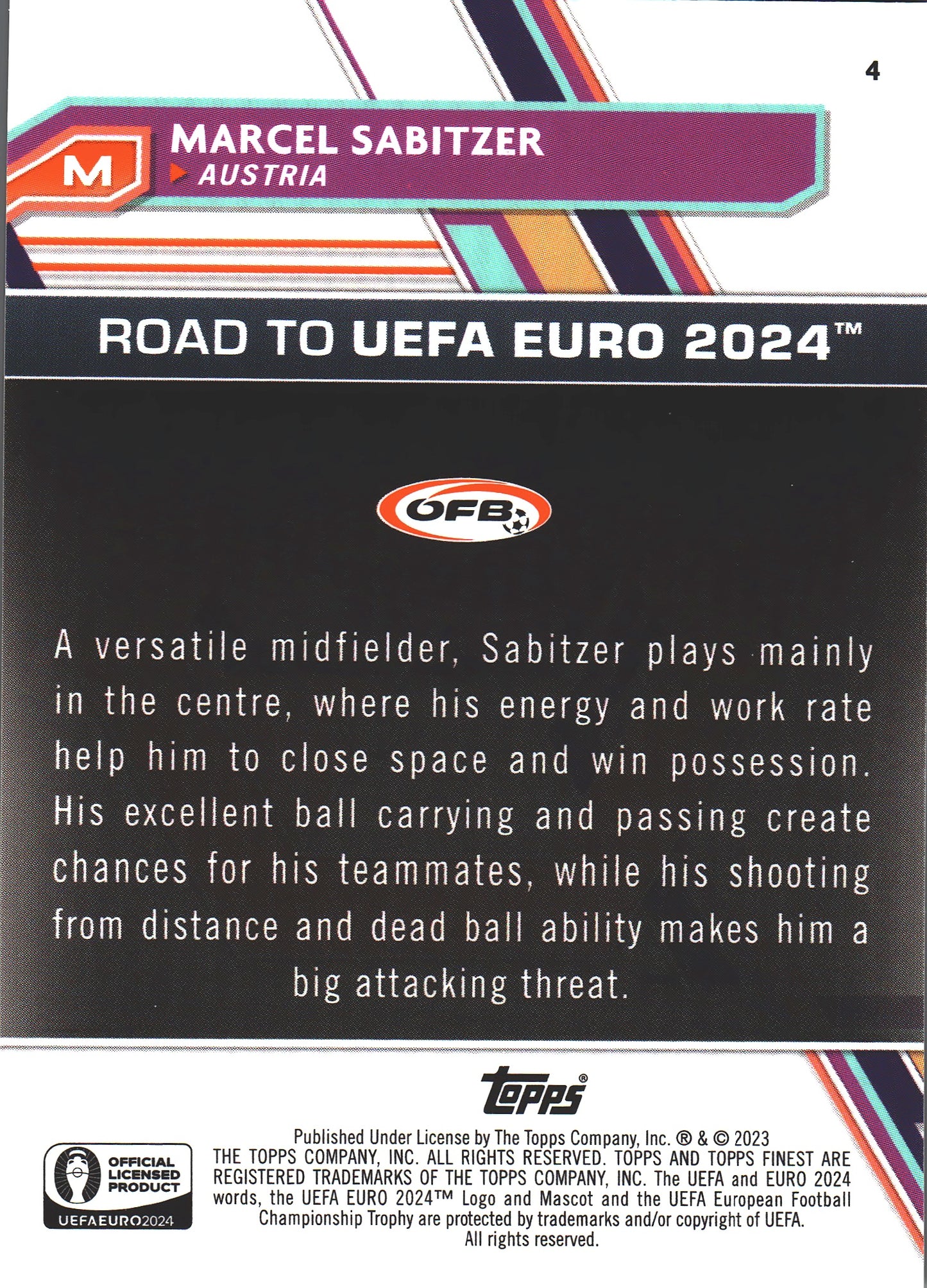 2023 Topps Finest Euro 2024 Orange /25 Marcel Sabitzer #4 Austria
