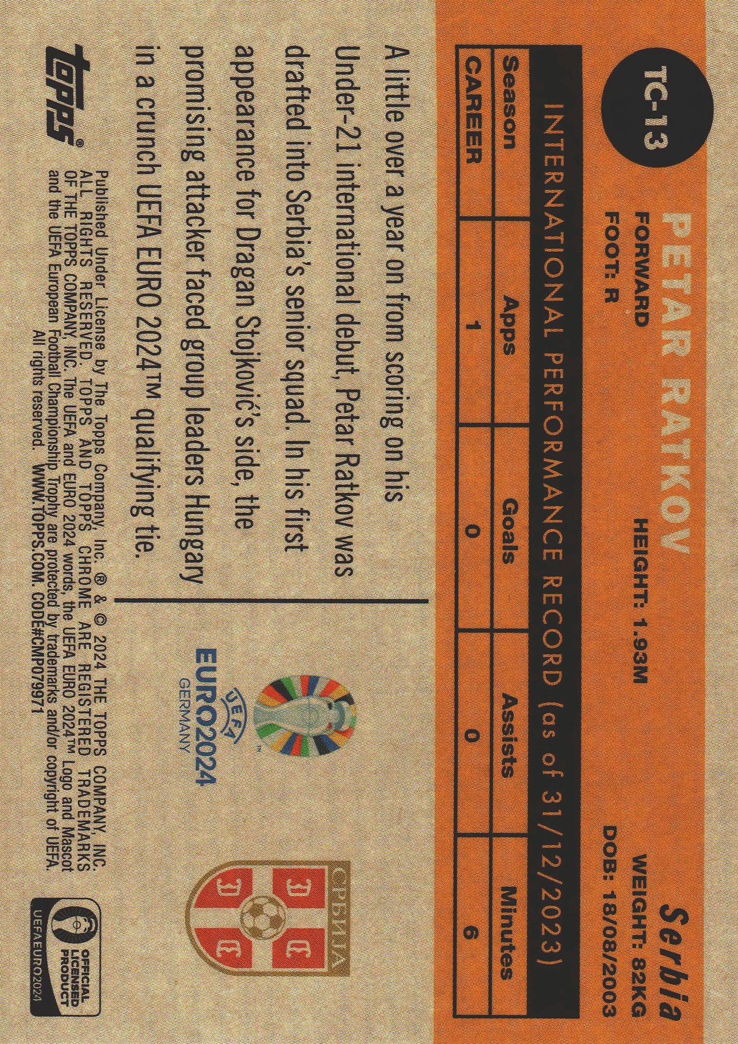 2024 Topps Chrome Euro 2024 1960 Petar Ratkov #TC-13 Serbia