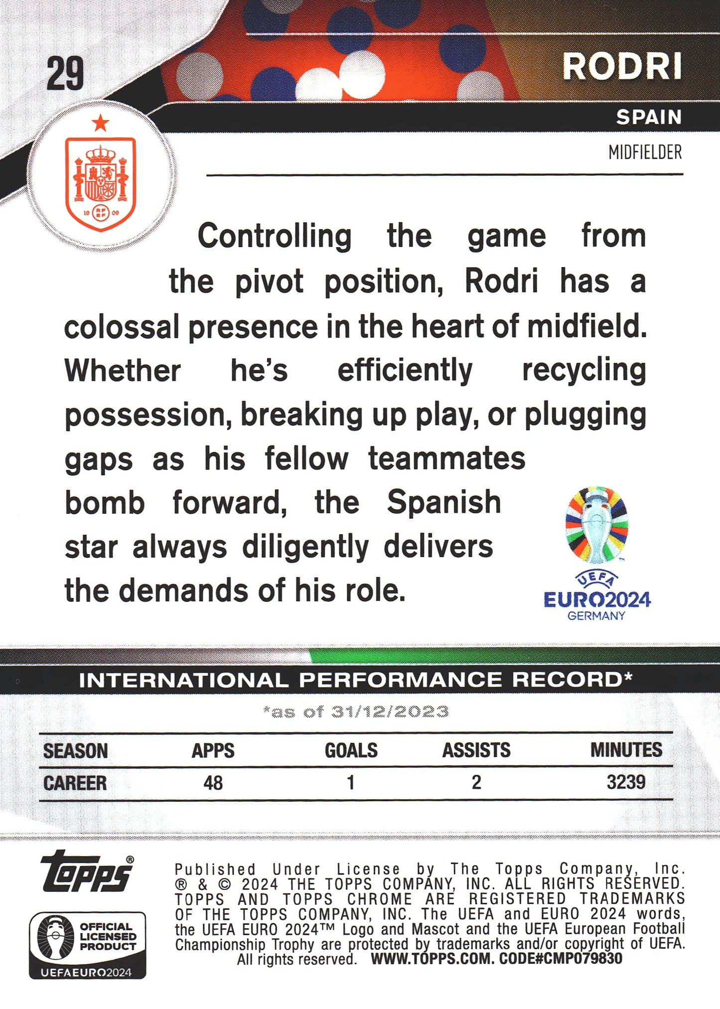 2024 Topps Chrome Sapphire Euro 2024 Sapphire Gold /50 Rodri #29 Spain