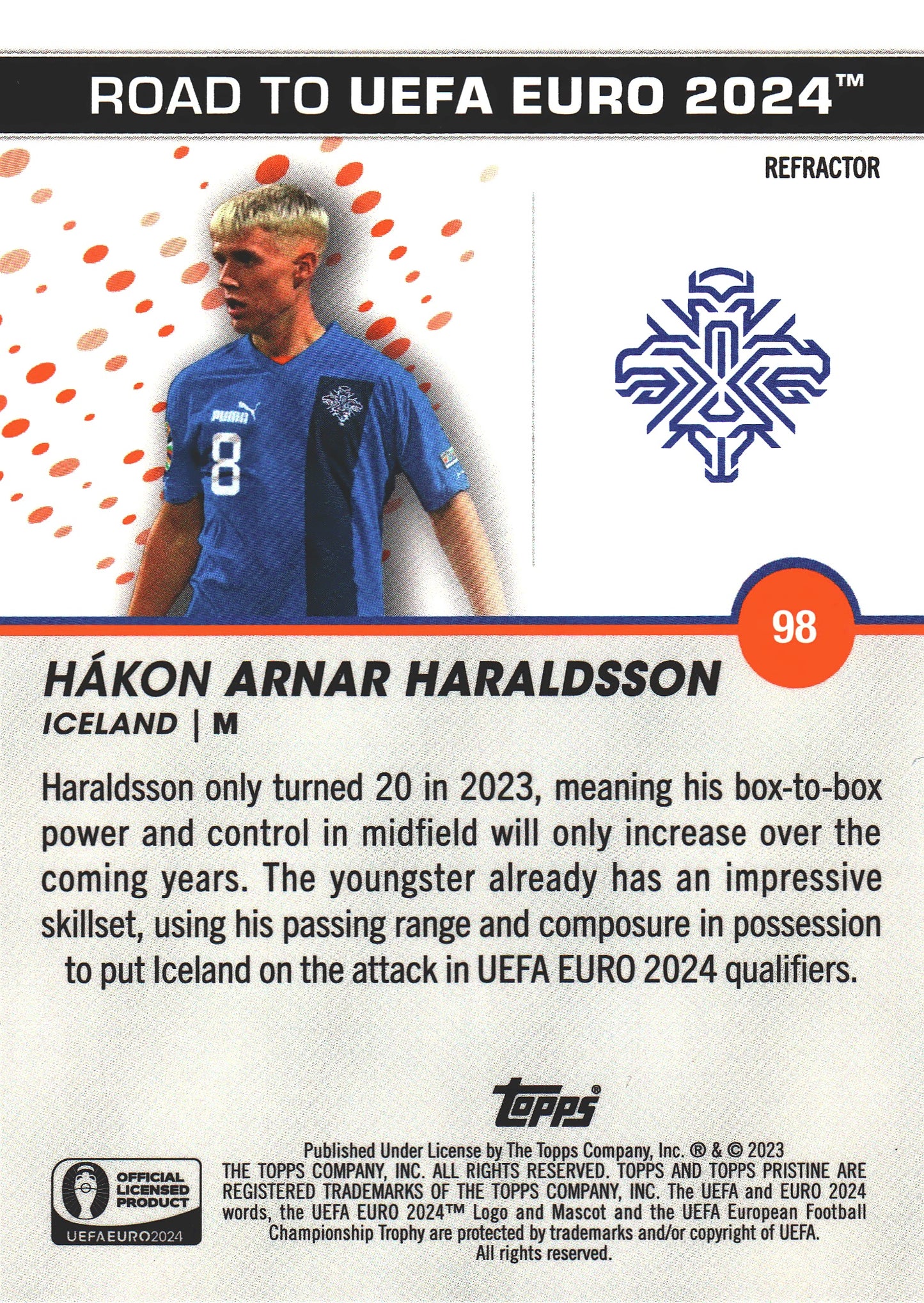 2023 Topps Pristine Euro 2024 Hakon Arnar Haraldsson Refractor RC #98 Iceland