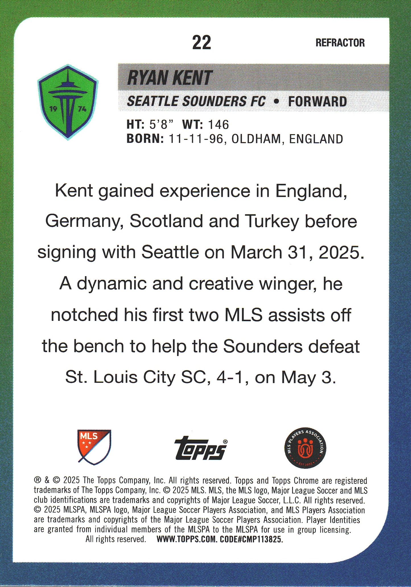 2025 Topps Chrome MLS Refractor Ryan Kent #22 Seattle Sounders