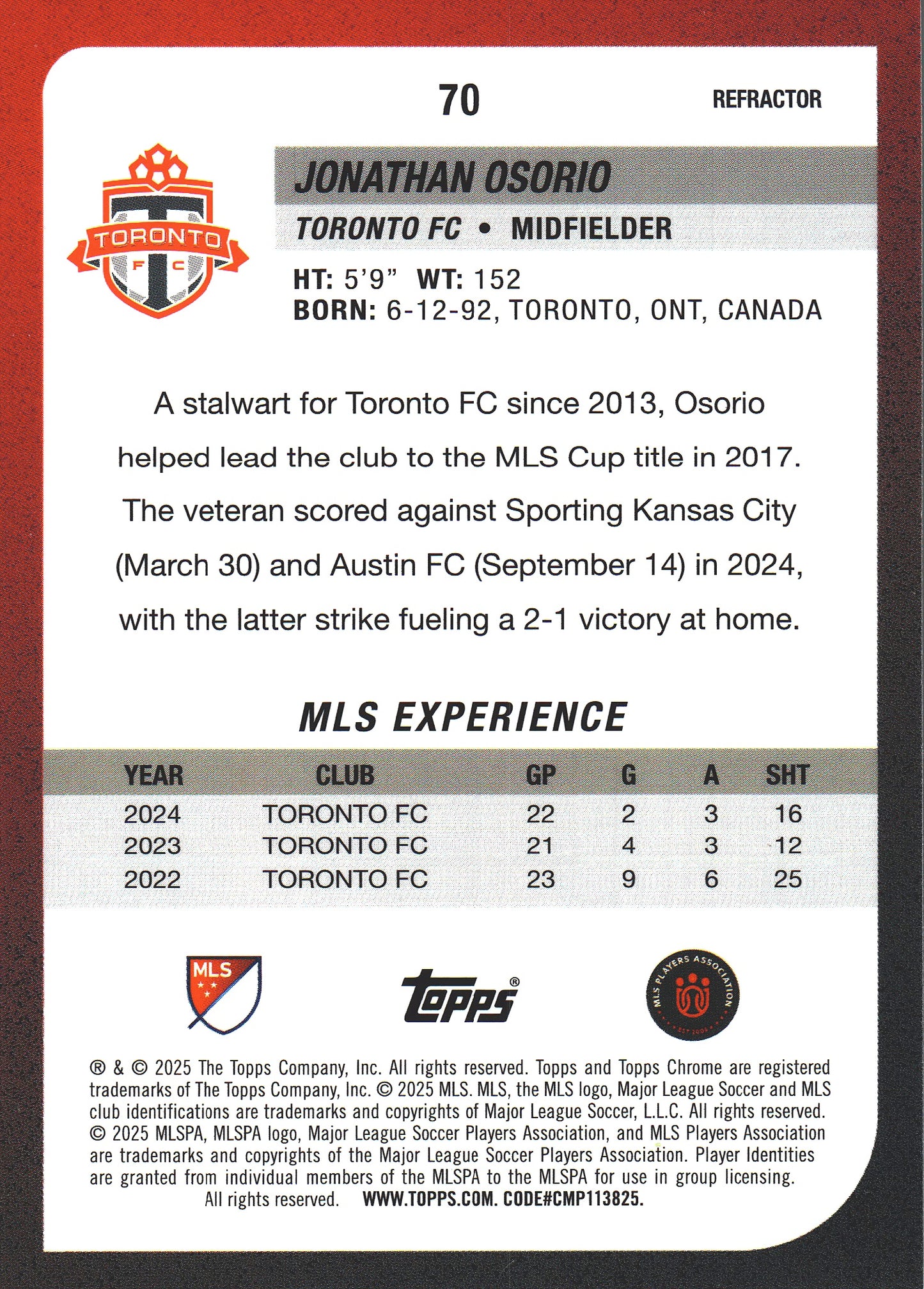 2025 Topps Chrome MLS Refractor Jonathan Osorio #70 Toronto FC