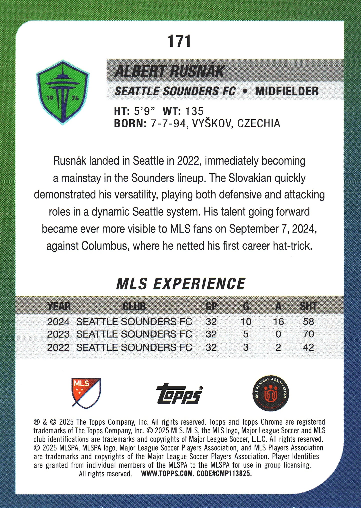 2025 Topps Chrome MLS Prism Albert Rusnak #171 Seattle Sounders