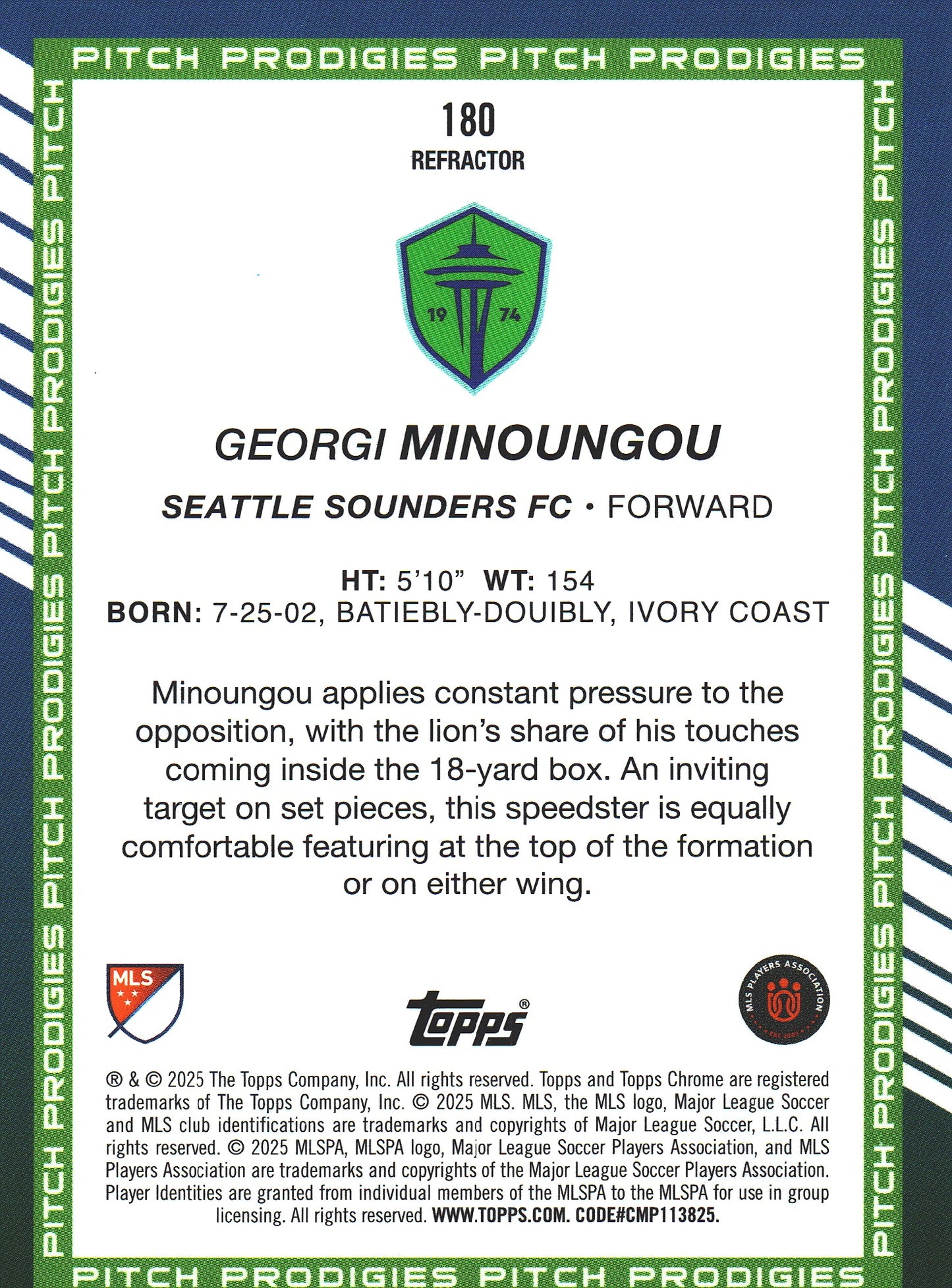 2025 Topps Chrome MLS Pitch Prodigies Refractor Georgi Minoungou RC #180 Seattle Sounders