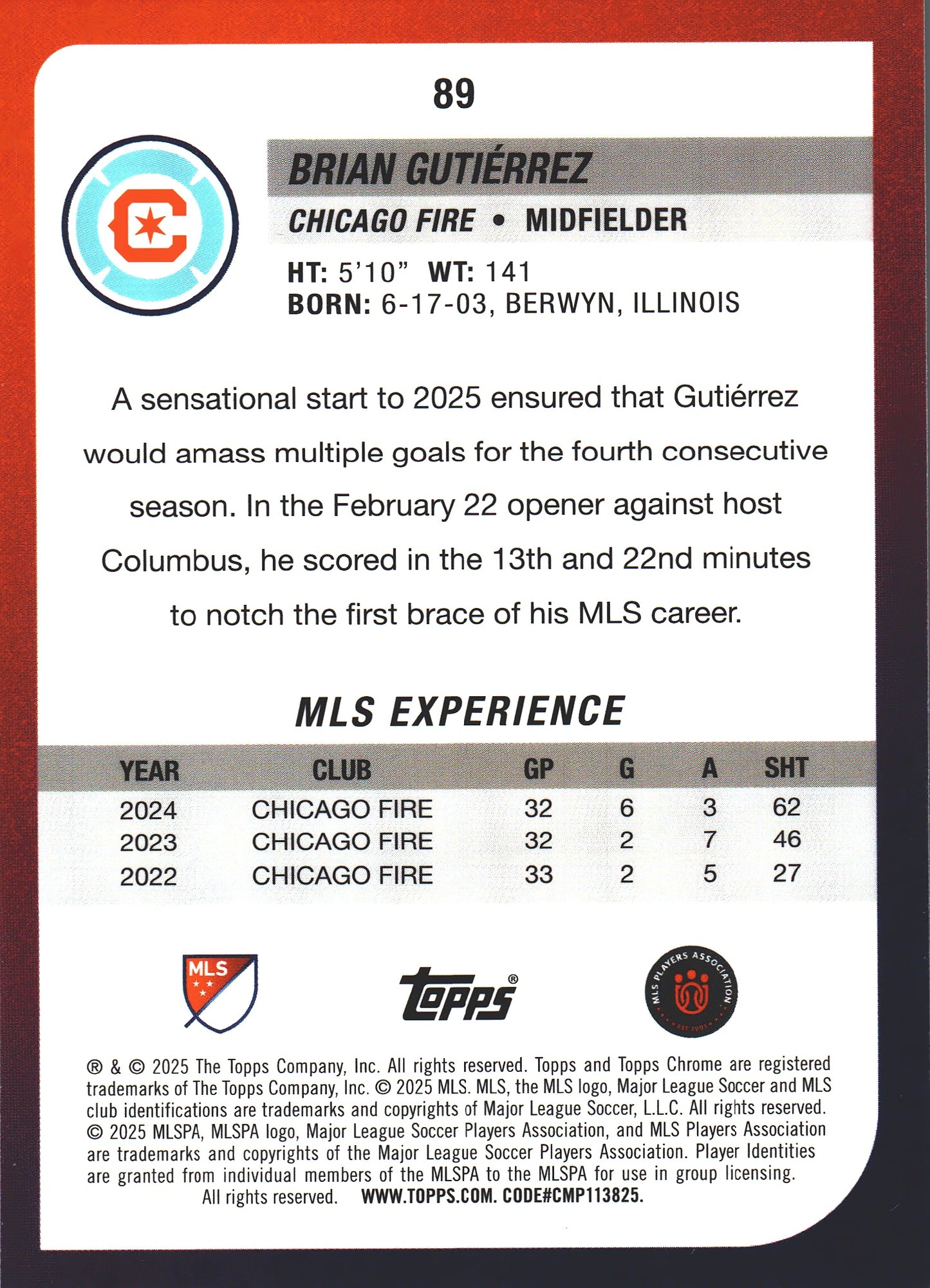 2025 Topps Chrome MLS Aqua /199 Brian Gutierrez #89 Chicago Fire