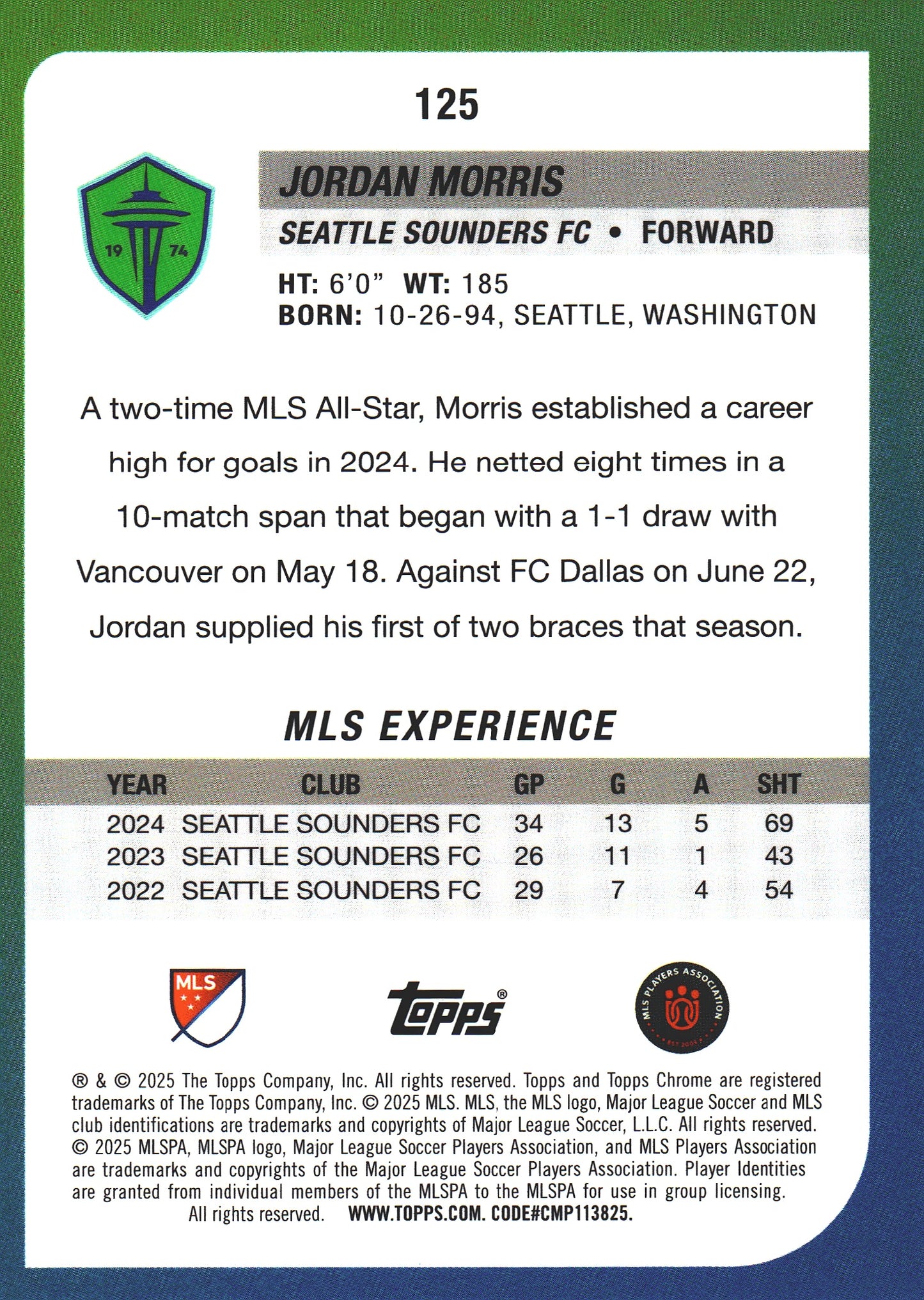 2025 Topps Chrome MLS Purple /75 Jordan Morris #125 Seattle Sounders