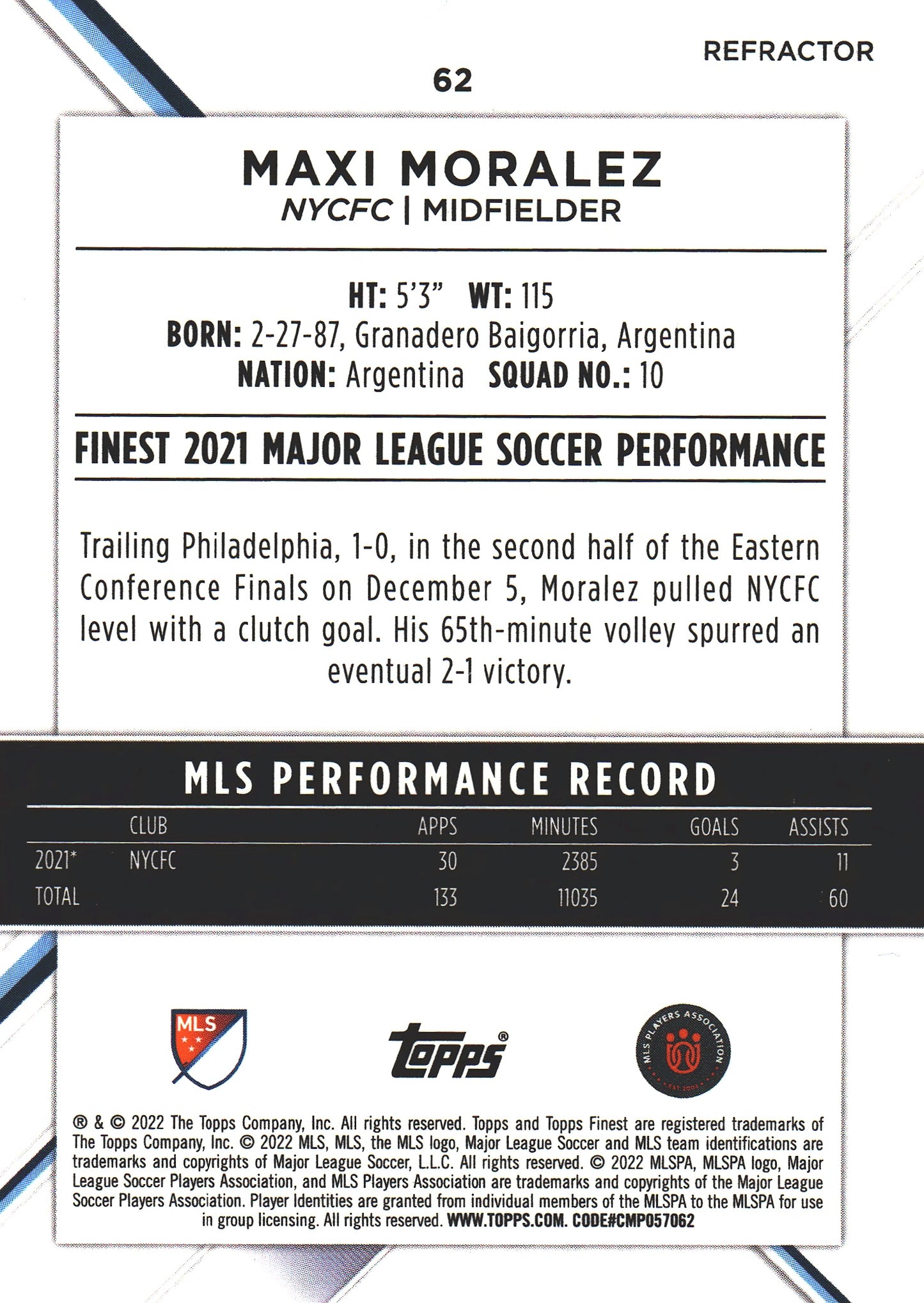 2022 Topps Finest MLS Refractor Maxi Moralez #62 New York City FC